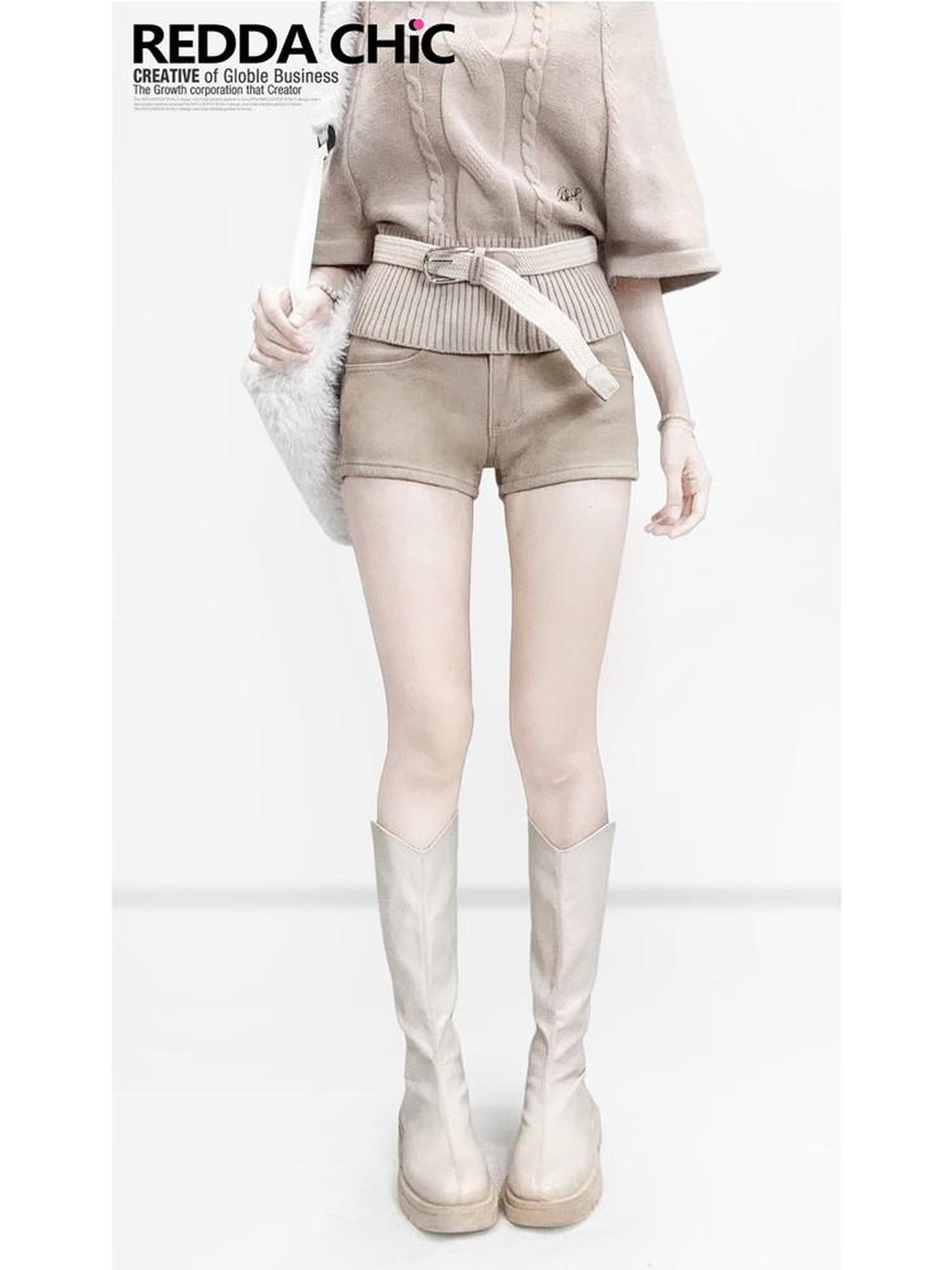 REDDACHIC Vintage Khaki Fleece Lined High Waist Slim Women'S Cotton Stretch Denim Shorts