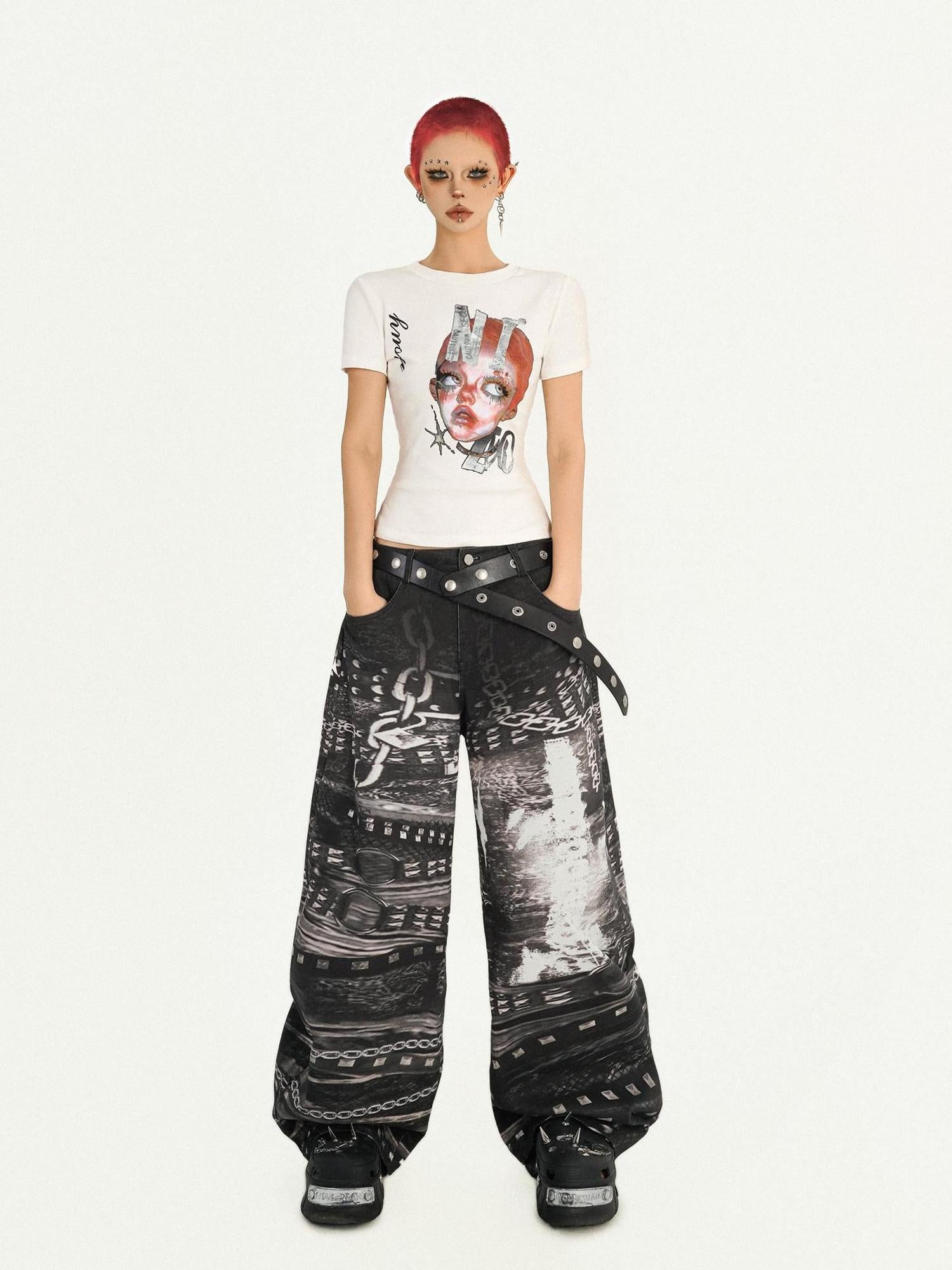 Nico Molly Moisture Wicking Slim Casual Creative Print Round Neck Women Basic Crop Tops