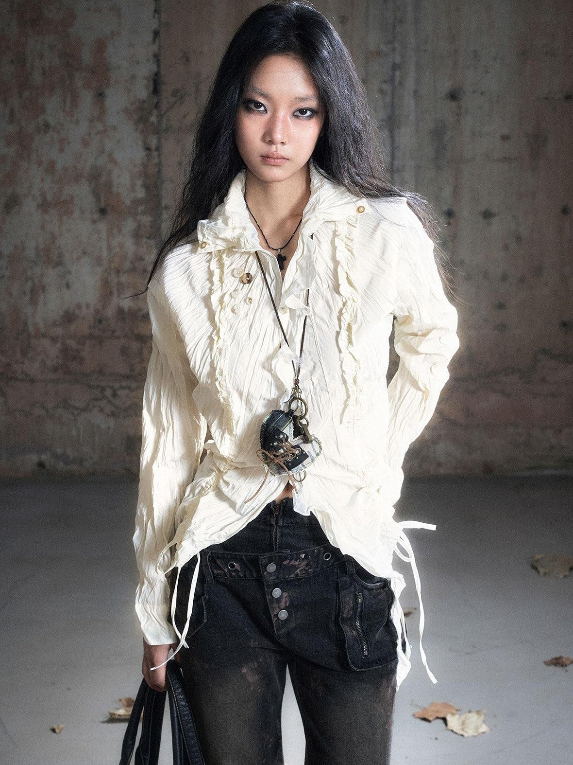 Cest Nous Punk Ruffle Check Straight Cardigan Long Sleeve Womens Casual Polyester Blouses