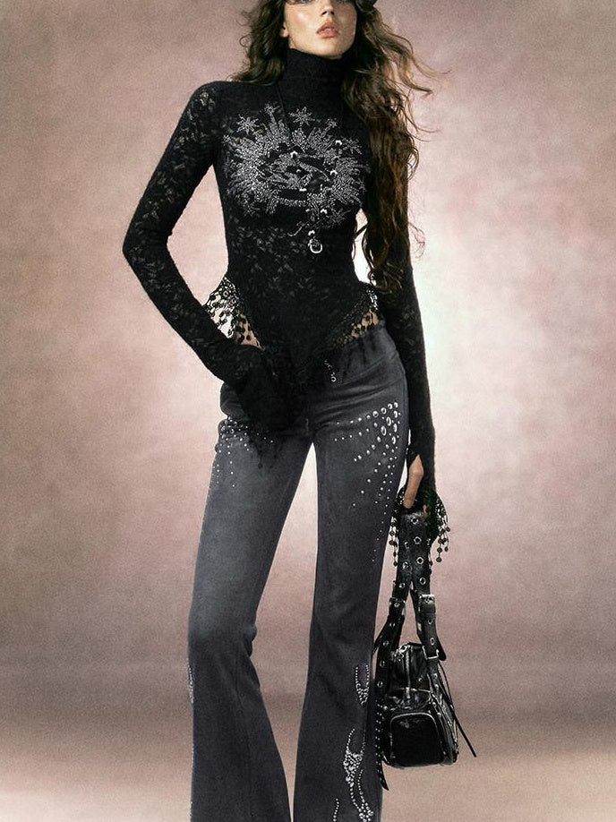 OfAkiva Rhinestone Embroidered Vintage Low Rise Slim Fit Casual Women Flared Pants