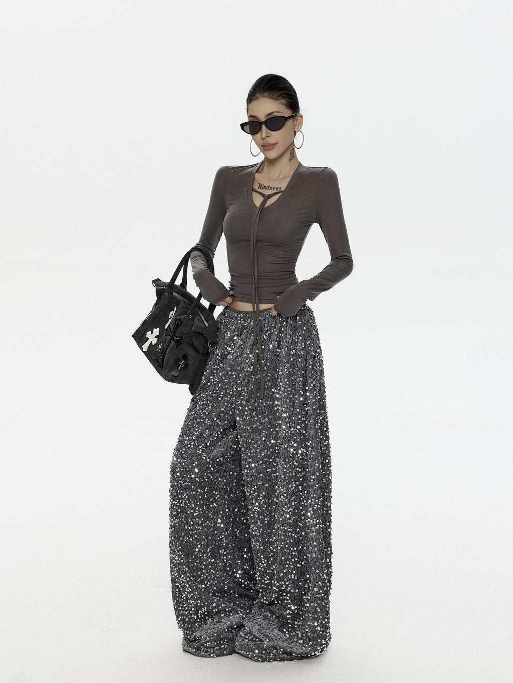 ZERO Sequin Casual Natural Waist Women Gray Polyester Stretch Wide Leg Pants