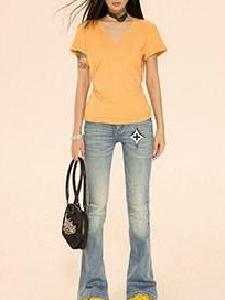 ZERO Ruched V-neck Slim Fit Casual Solid Knit Pullover Women Long Sleeve Crop Tops