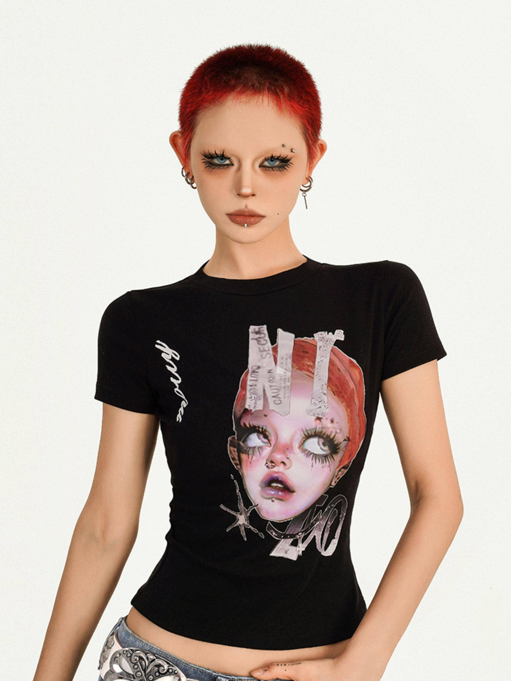 Nico Molly Moisture Wicking Slim Casual Creative Print Round Neck Women Basic Crop Tops