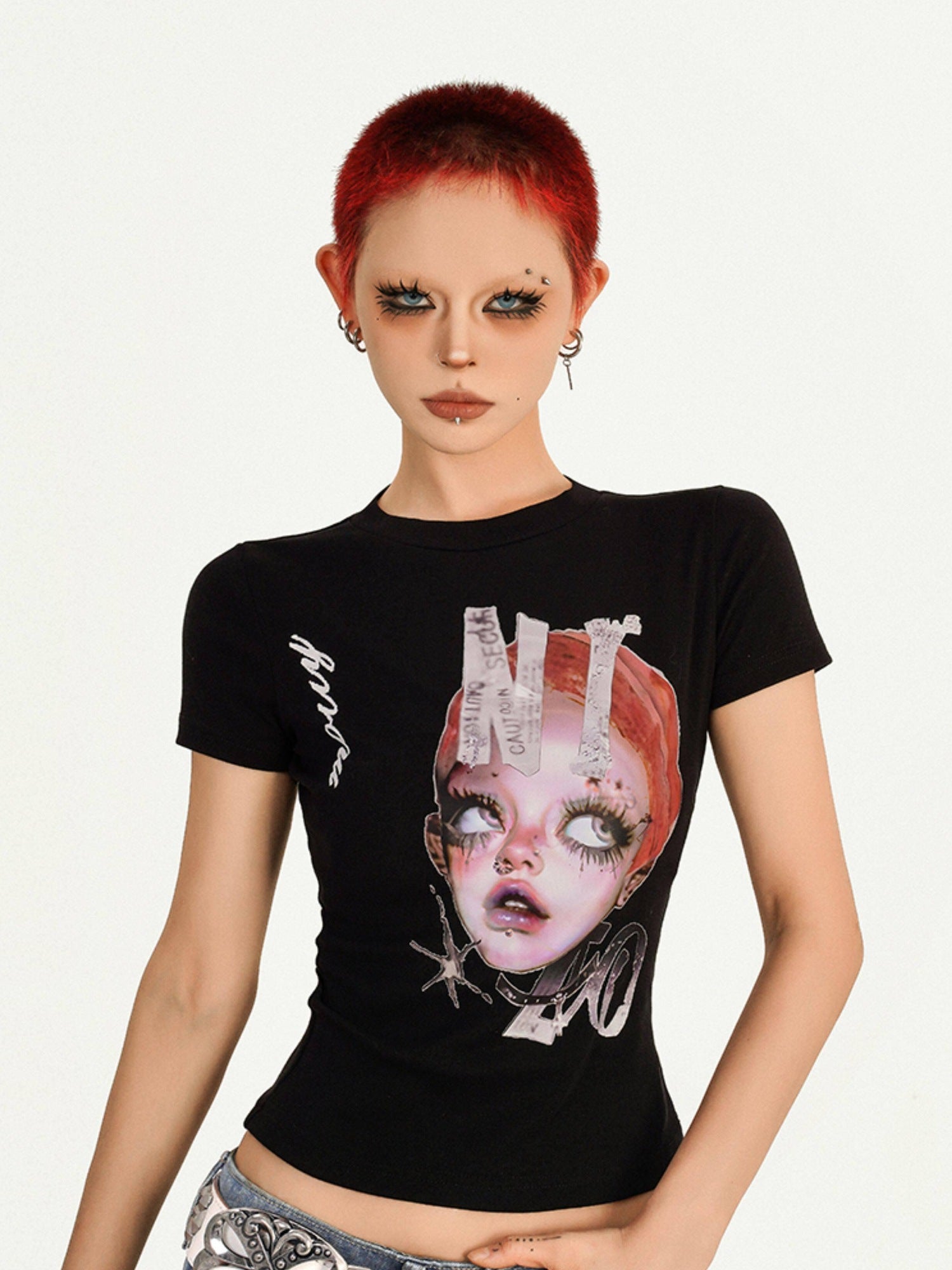 Nico Molly Moisture Wicking Slim Casual Creative Print Round Neck Women Basic Crop Tops