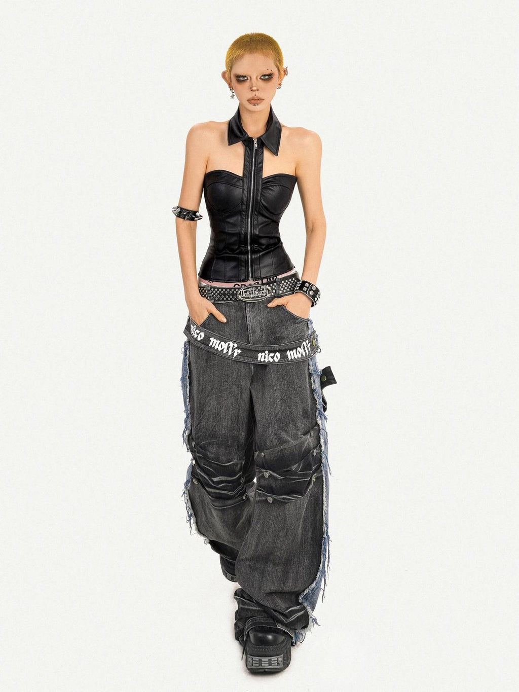 Nico Molly Pu Faux Leather Padded Zipper Crop Sexy Halter Collar Slim Women Camisoles