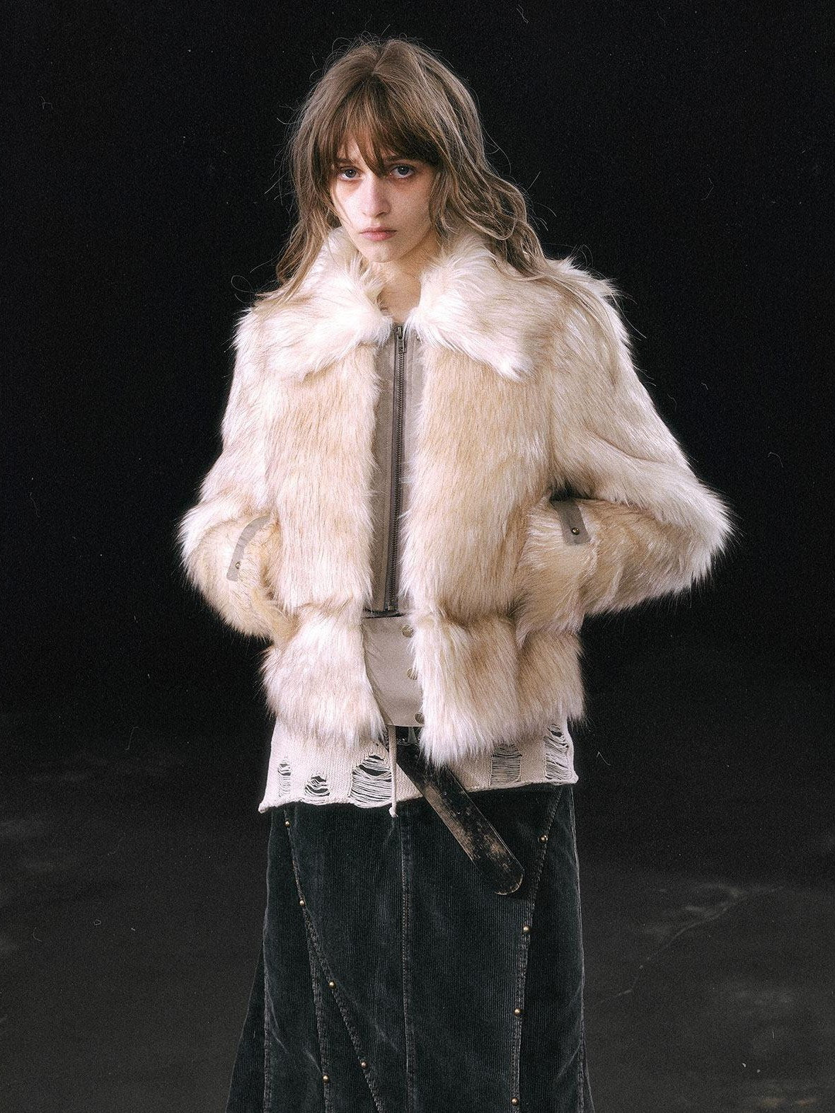 Cest Nous Thick Fur Collar Punk Street Short Fit Young Adults Silver Gray Beige Jackets