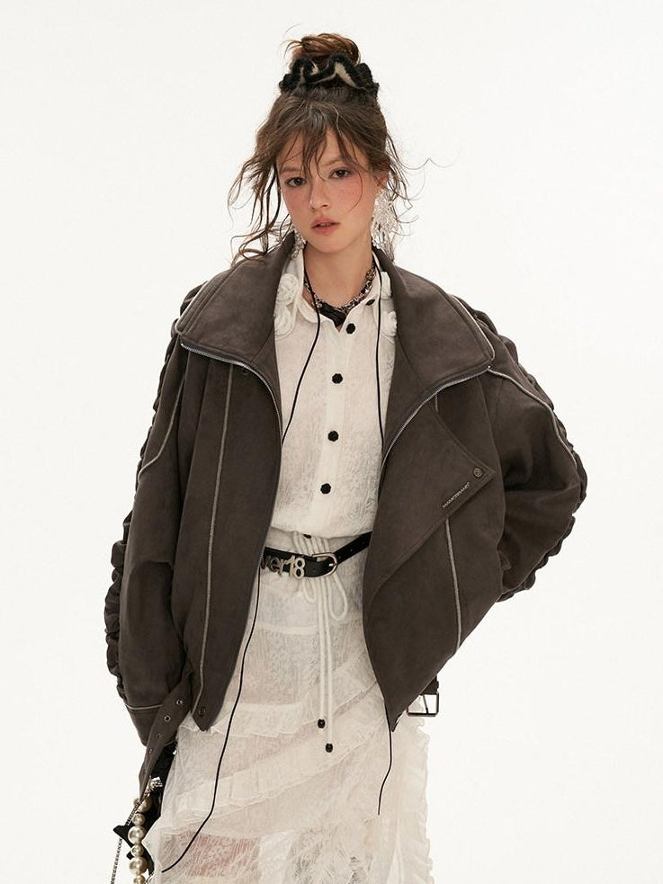 MAMC Stretch Polyester Loose Fit Mechanical Lapel Zipper Gray Leather Jackets