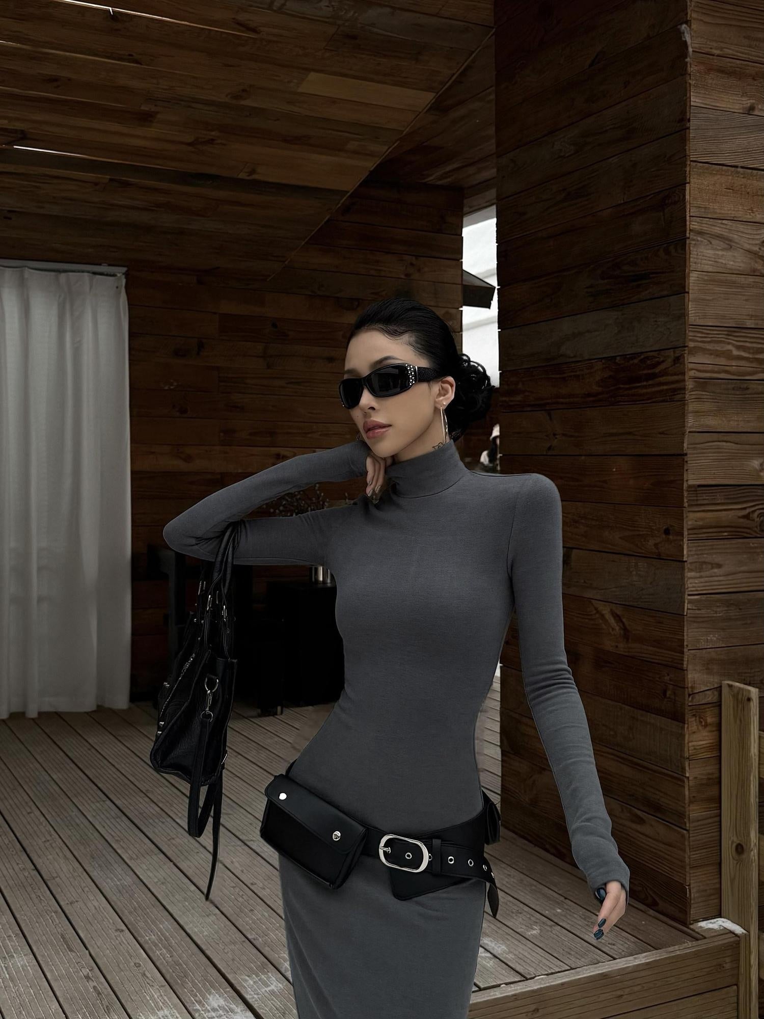 ZERO High Stretch Knit Slim Straight Turtleneck Long Sleeve Black Maxi Dresses