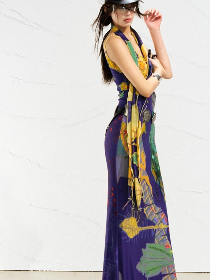 OfAkiva Sexy High Waist Square Neck Strappy Printed Stretch Polyester Maxi Dresses