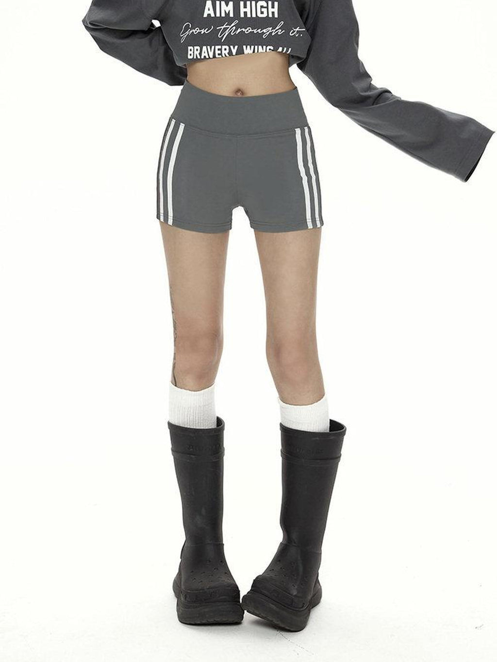 ZERO High Stretch Striped Knit Natural Waist Fit Casual Women Black Gray Mini Shorts