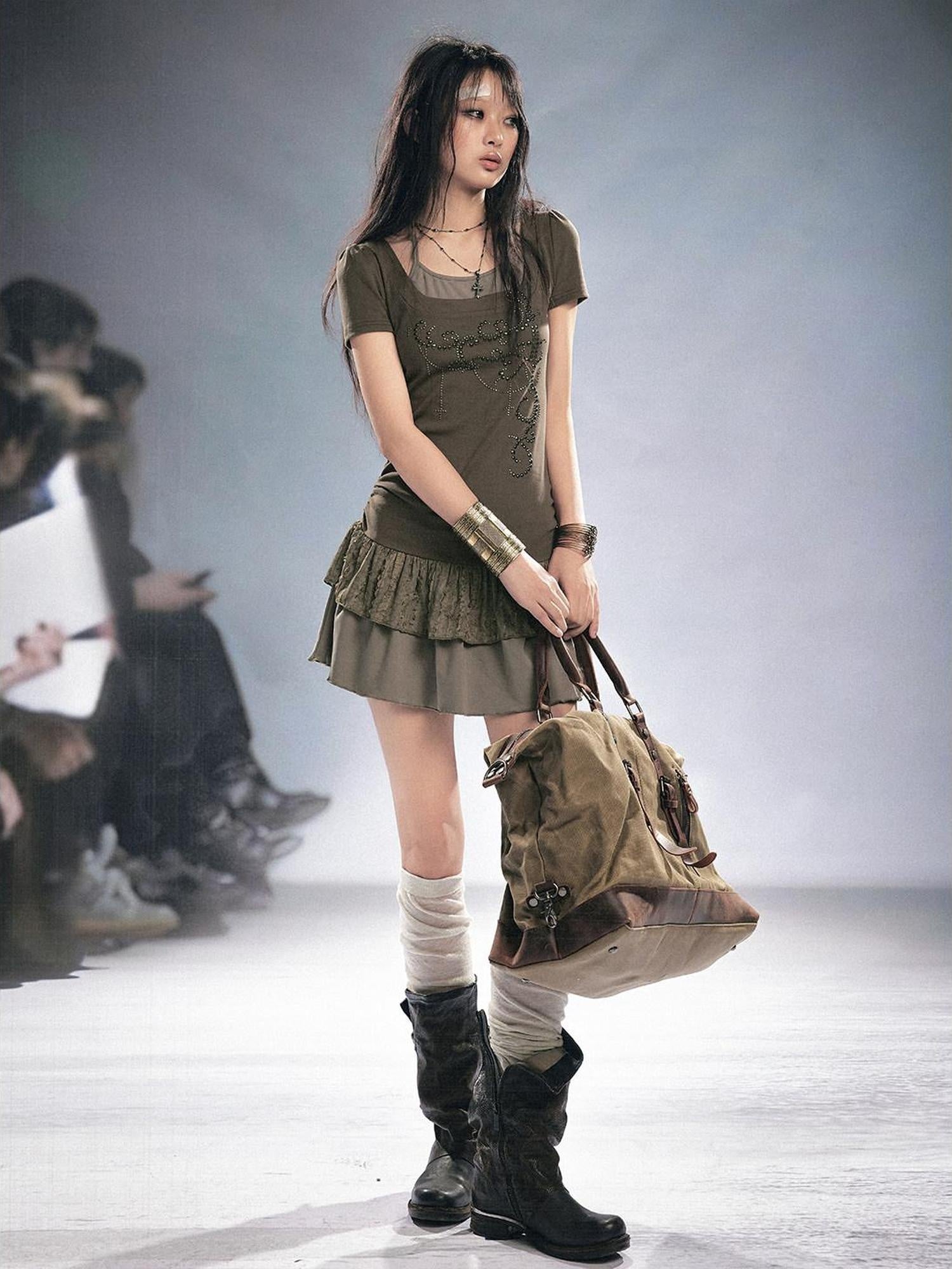 Cest Nous Rhinestone Patchwork Faux Two Piece Short Sleeve Women Sage Green Minidresses