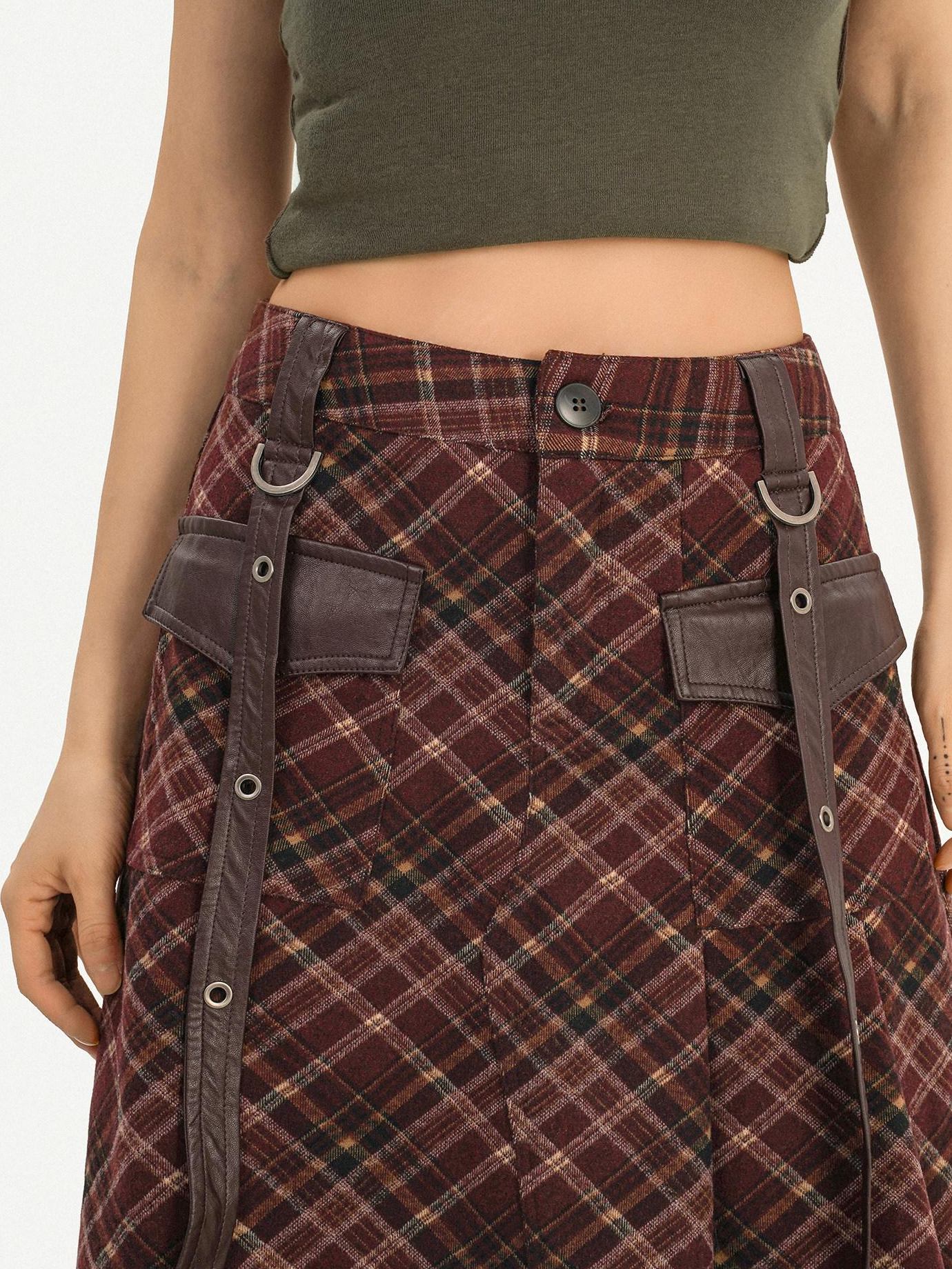 Nico Molly Casual Distressed Plaid A Line Button Pocket Midwaist Tweed Women Midi Skirts