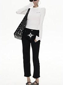 ZERO Soft Lyocell Knit Casual Slim Letter Print For Women Long Sleeve Crop Tops