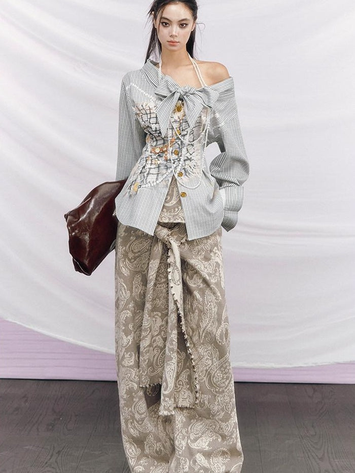 OfAkiva Pleated High Waist Zipper Fly Floral Print Women No Stretch Gray Wide Leg Pants
