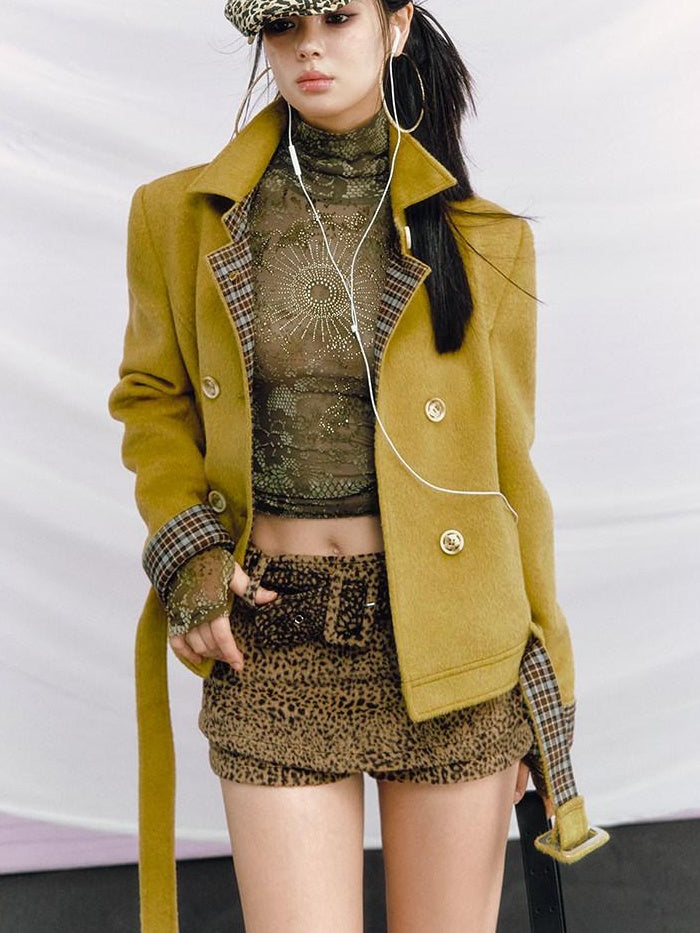OfAkiva Vintage Slim Fit Plaid Wool Lapel Double Breasted Tailored Women Cropped Jackets