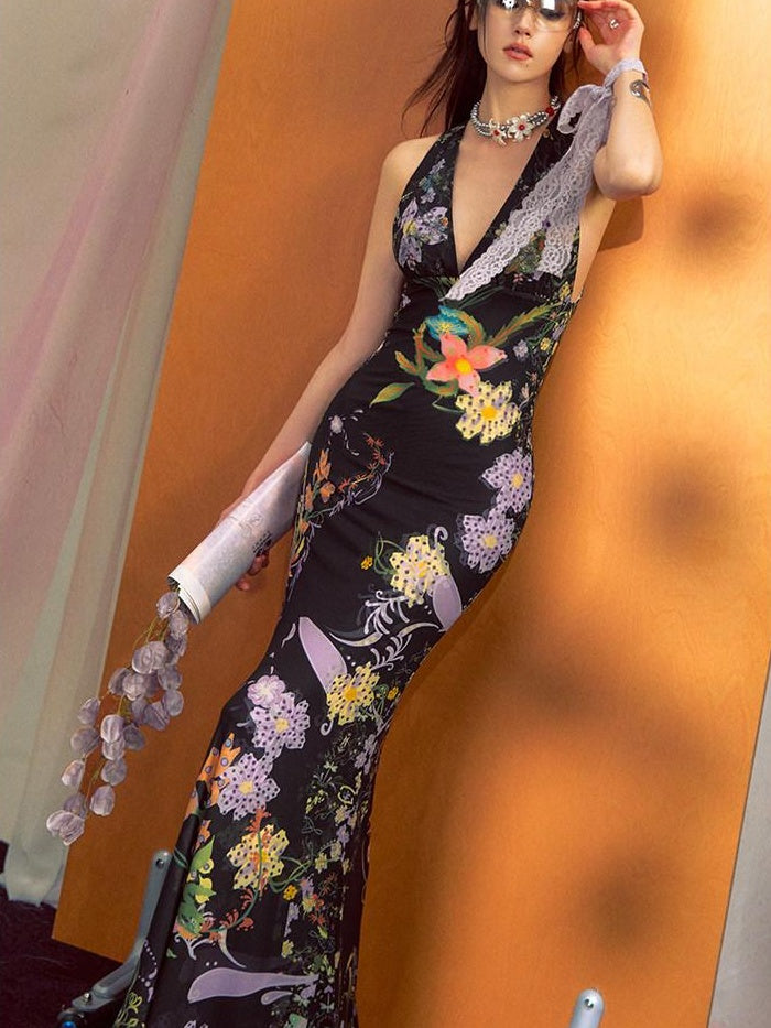OfAkiva French Colorblock High Waist V-neck Sleeveless Fishtail Women Maxi Dresses