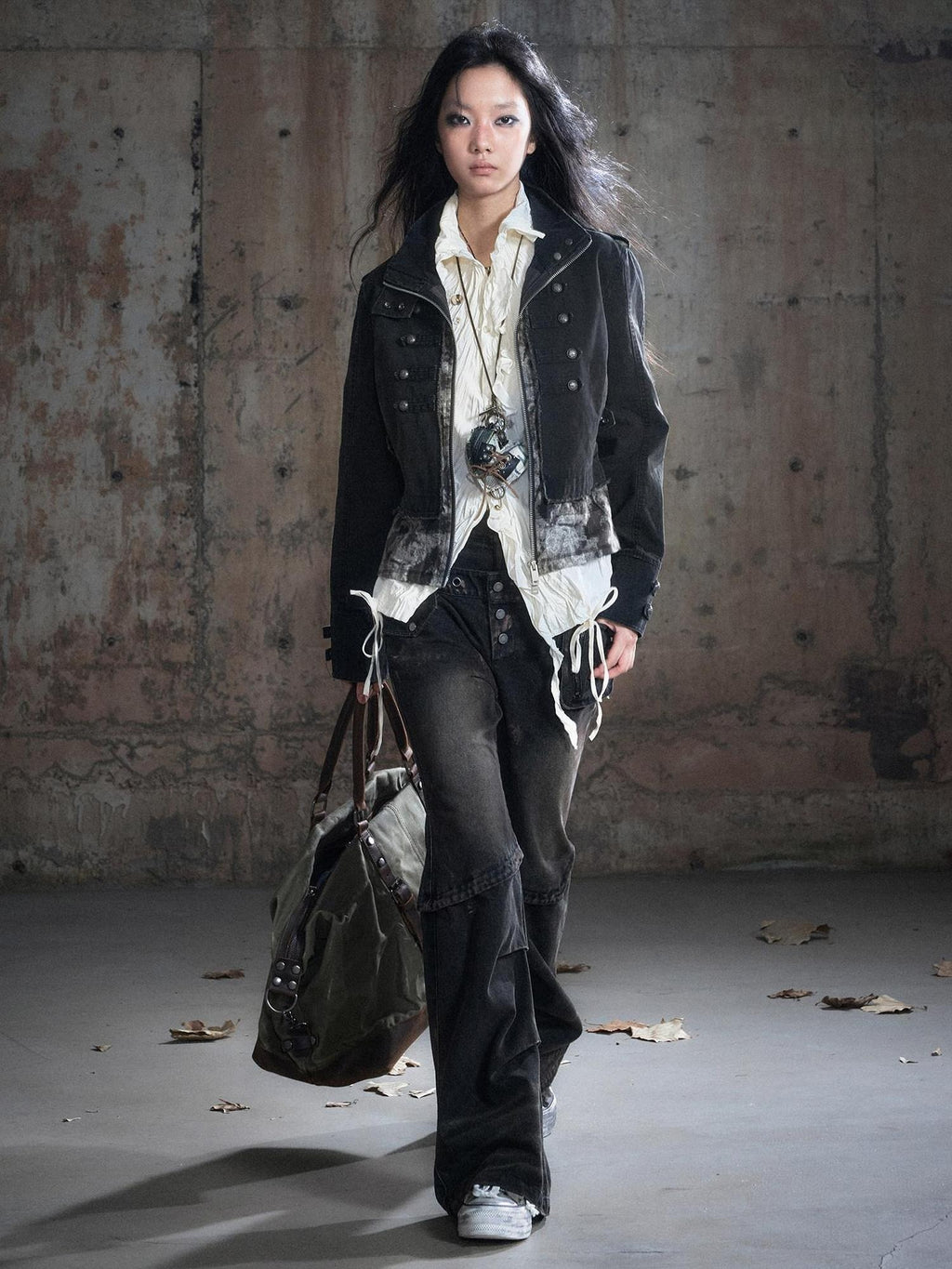 Cest Nous Patchwork Punk Low Waist Asymmetric Women Washed Black Cotton Straightlegjeans