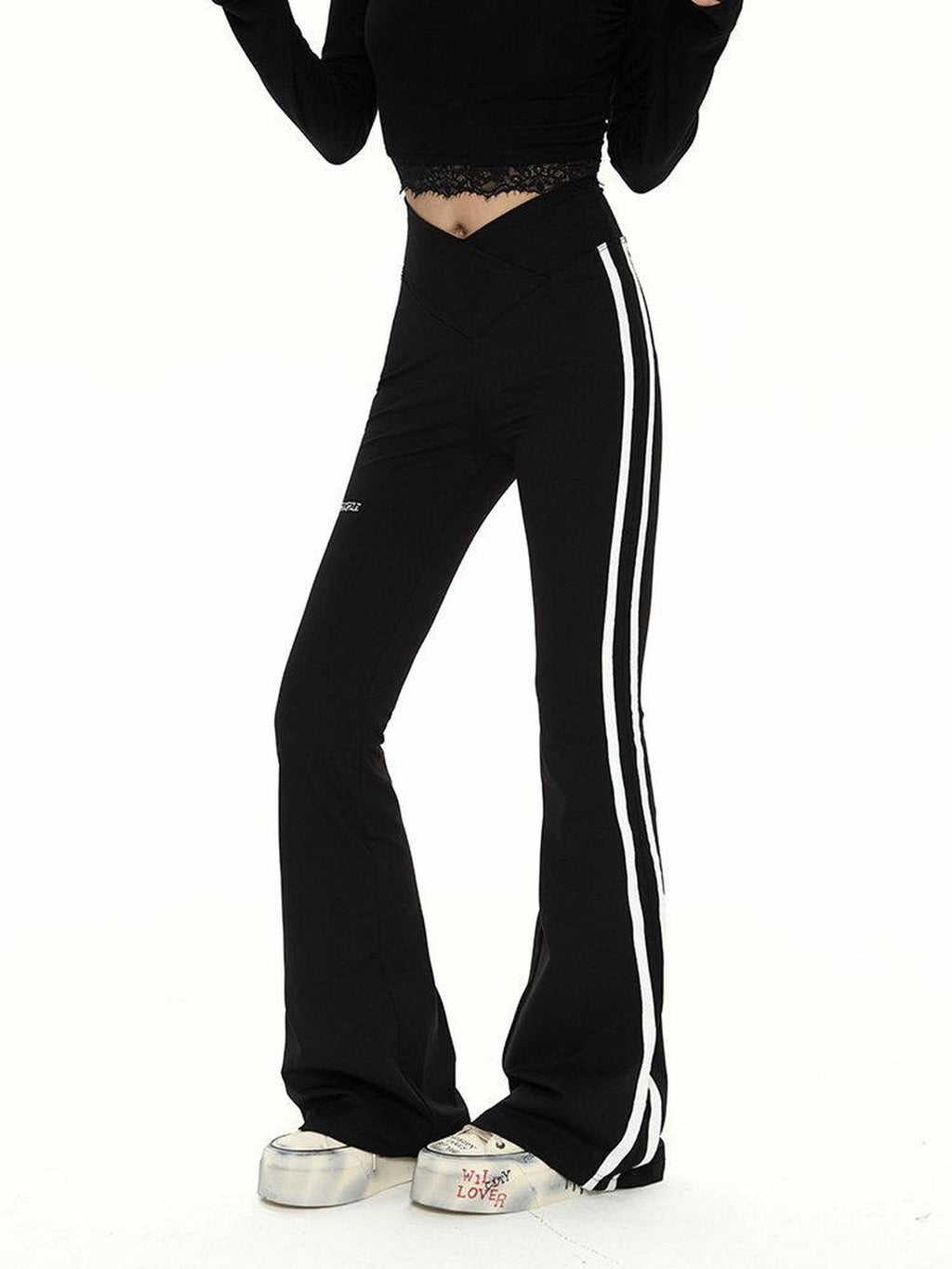 ZERO High Stretch Knit Micro Flared Street Sporty Women Striped Black Flared Pants