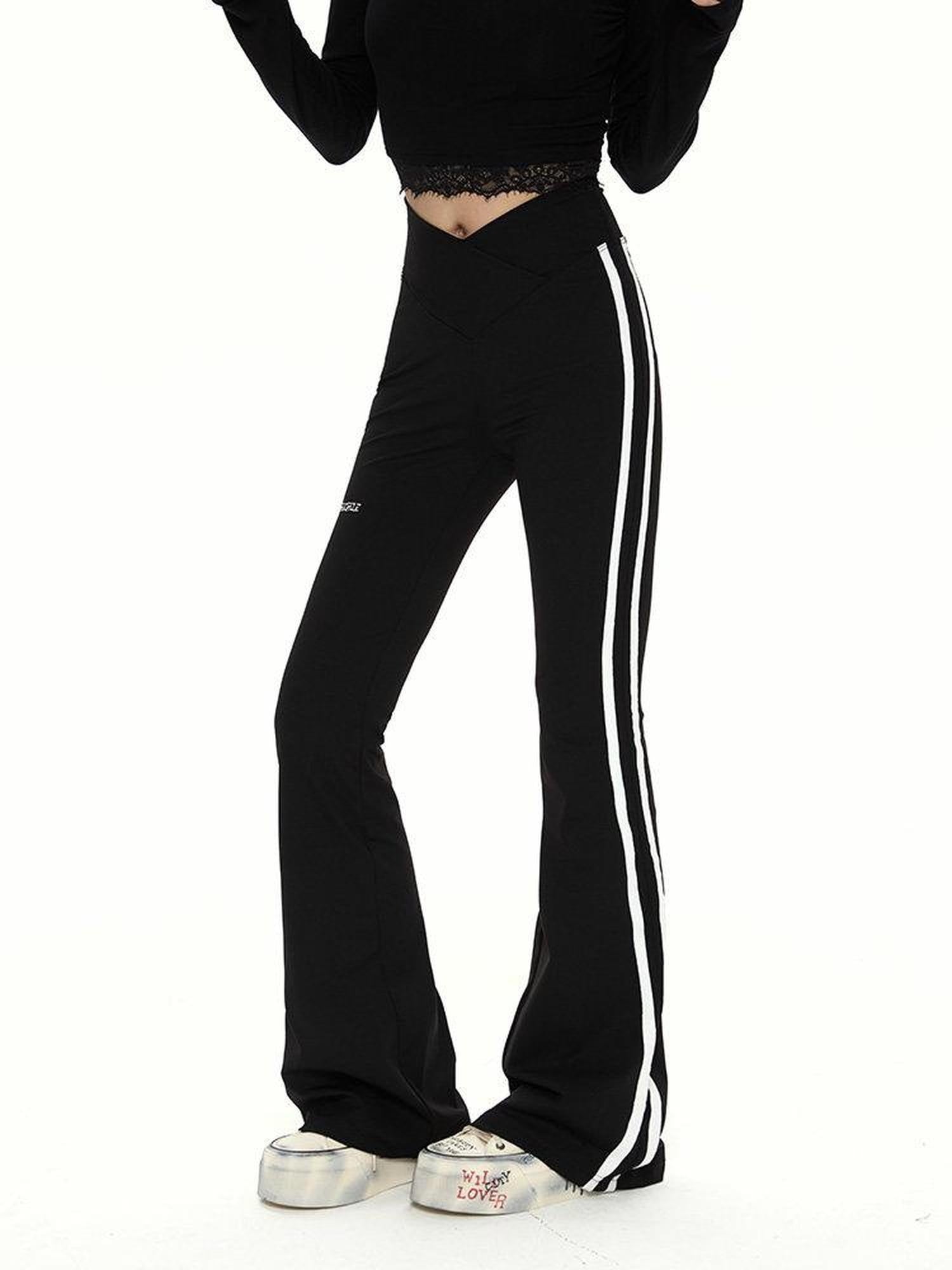 ZERO High Stretch Knit Micro Flared Street Sporty Women Striped Black Flared Pants