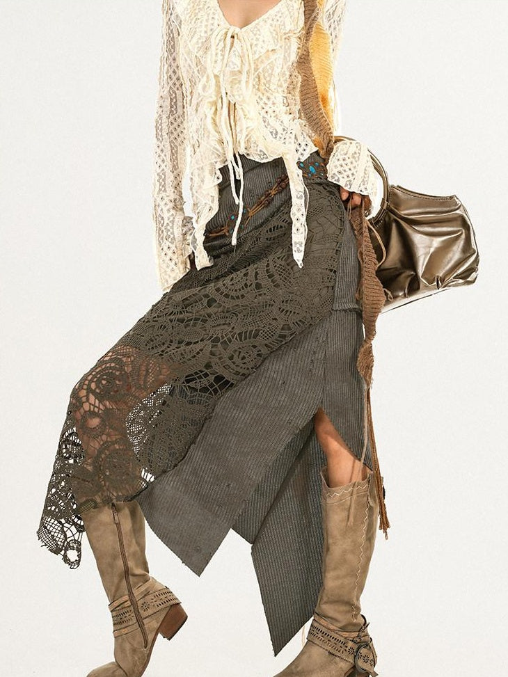 Nico Molly High Waist Asymmetrical Patchwork A Line Lined Women Casual Vintage Maxi Skirts