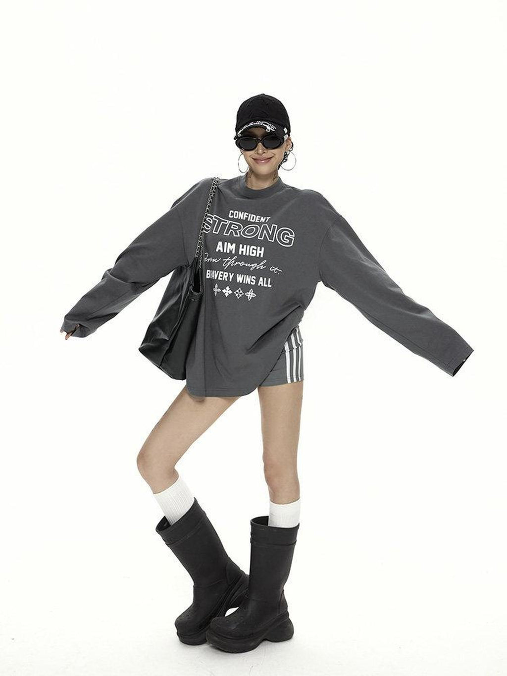 ZERO Printed Cotton Knit Crewneck Loose Fit Casual Unisex Dark Gray Pullover Sweatshirt