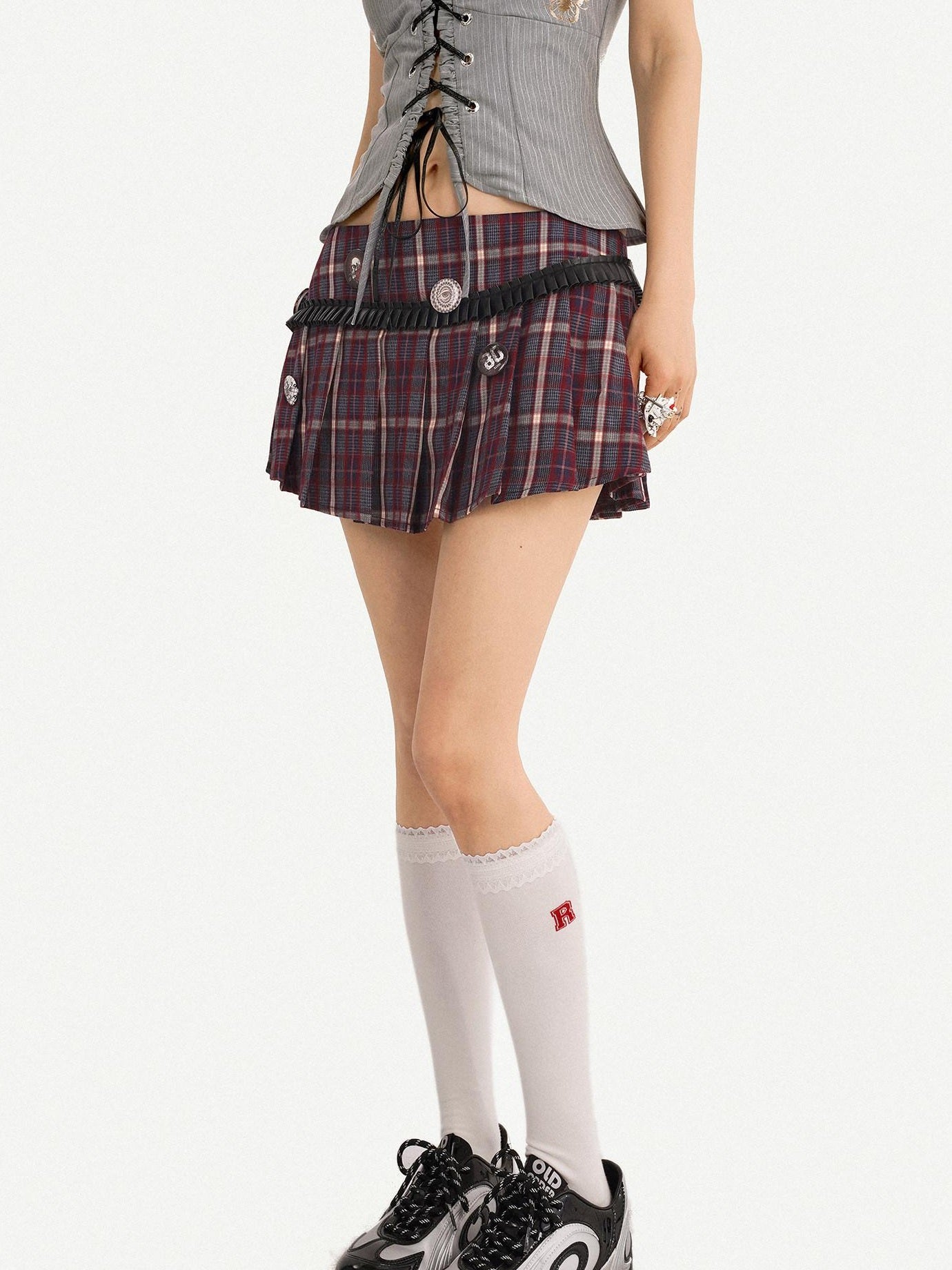 Nico Molly Lined Burgundy Pleated Low Waist Slim Fit Women Schoolgirl Chic Mini Skirts