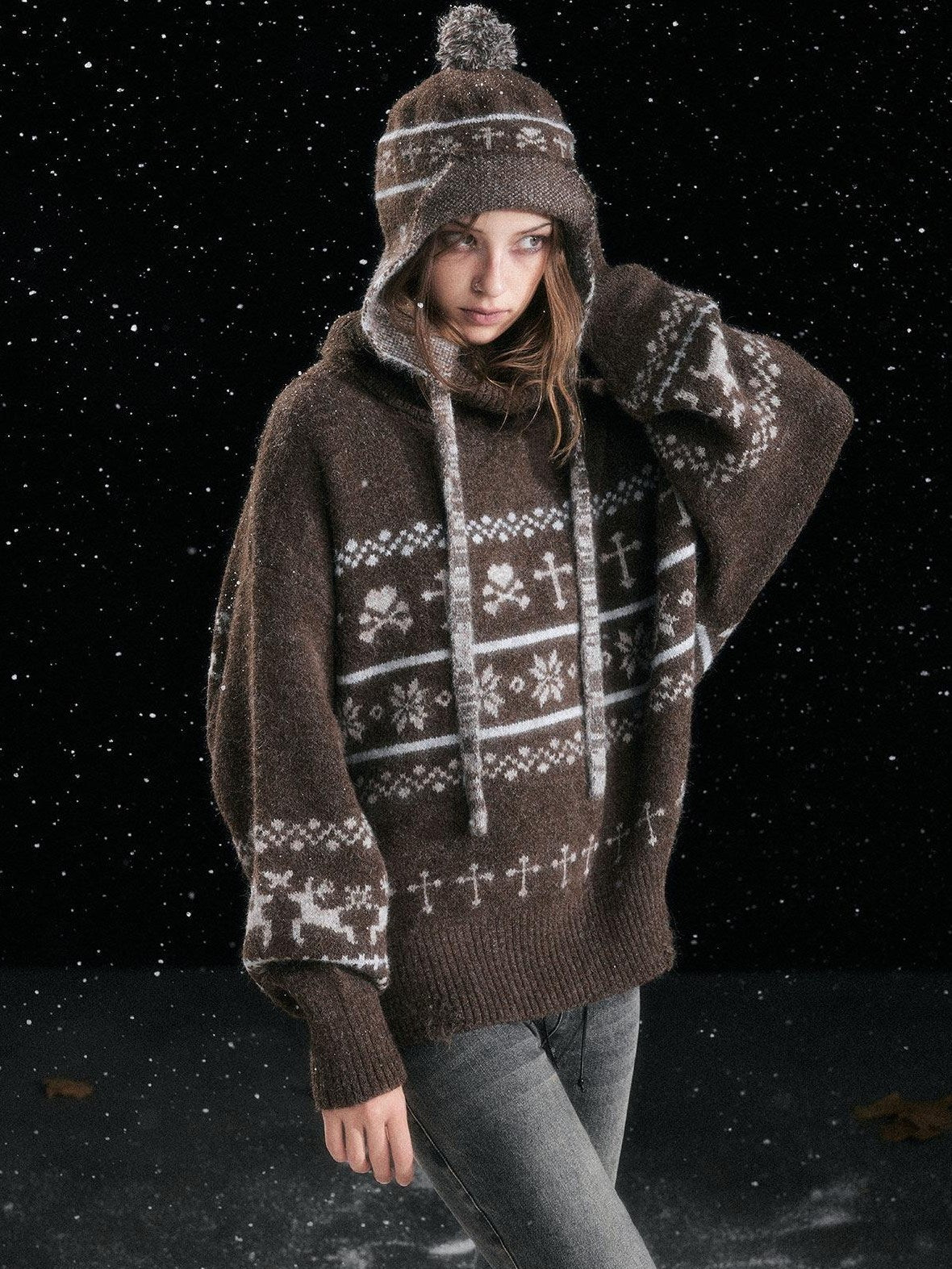 Cest Nous Cozy Thermal Commuter Loose Hooded Women Wool Blend Sweaters