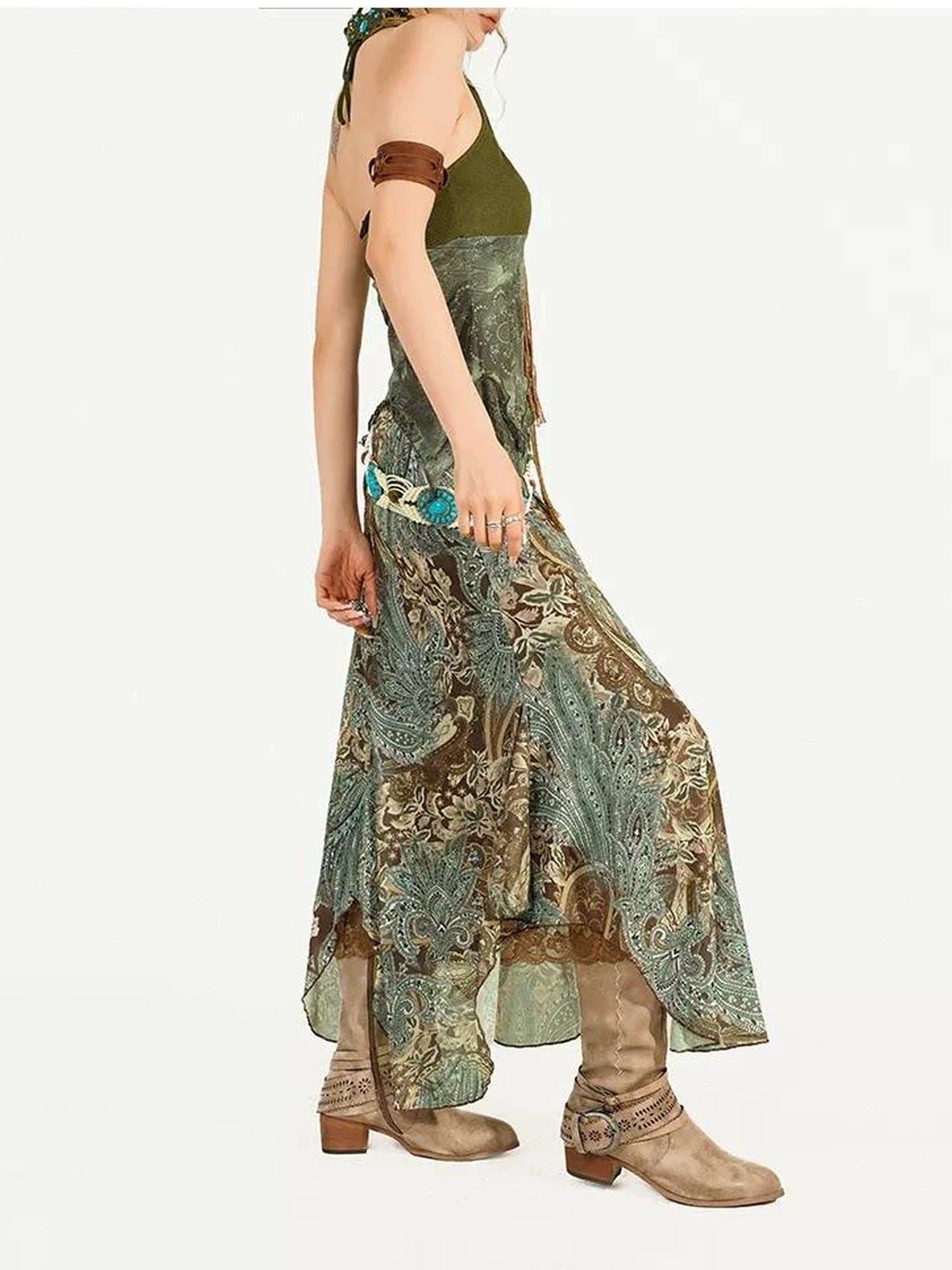 Nico Molly Floral Patchwork V-neck Slim Fit Sleeveless Women Printed Green Top & Skirt Sets