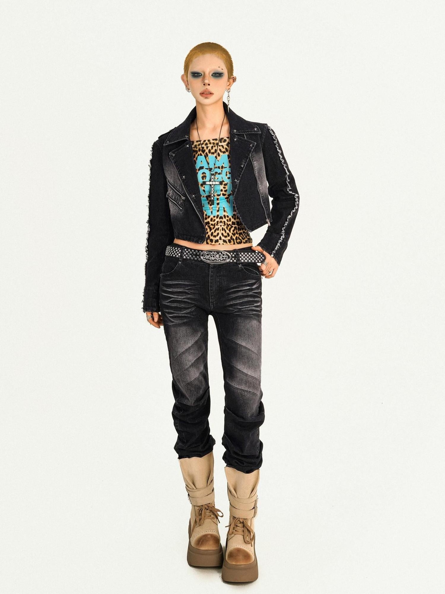 Nico Molly Slimming Vintage Slim Fit Zip Lapel Cropped Women Daily Print Denim Jackets