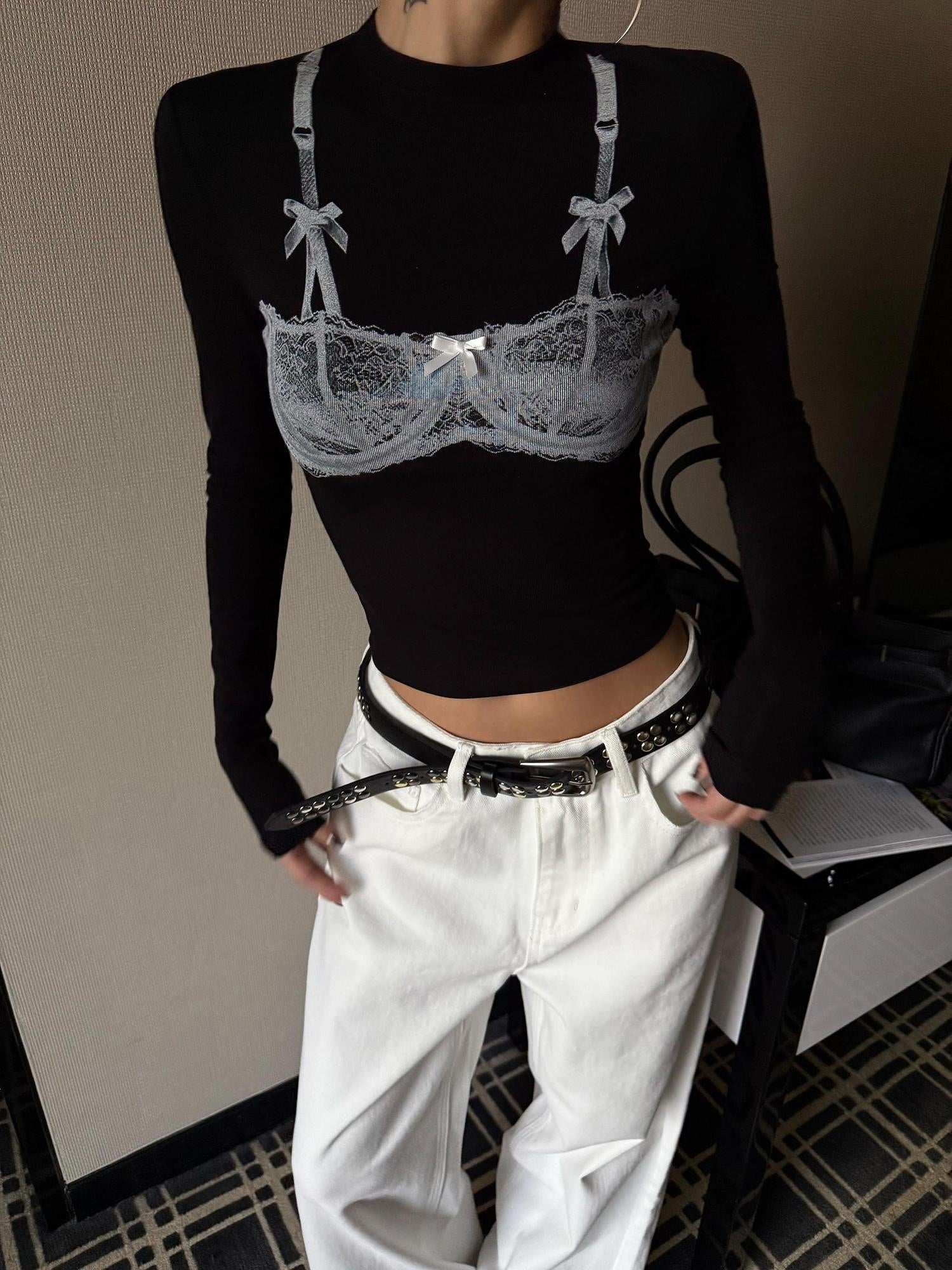 ZERO Lyocell Knit Slim Fit Mock Layered Crew Women Black Long Sleeve Crop Tops