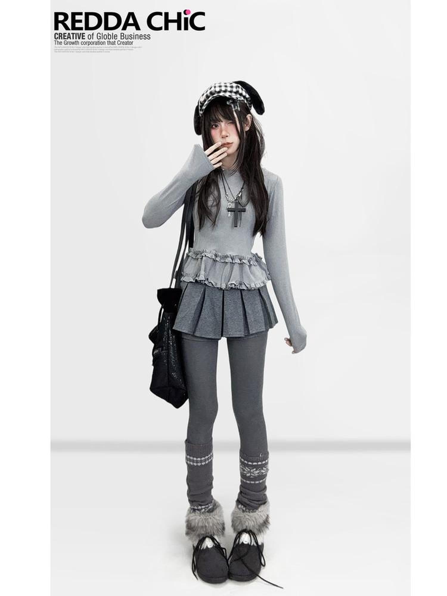 REDDACHIC Heather Gray Layered Lettuce Edge Slim Fit Women'S Derong Long Sleeve T-Shirts