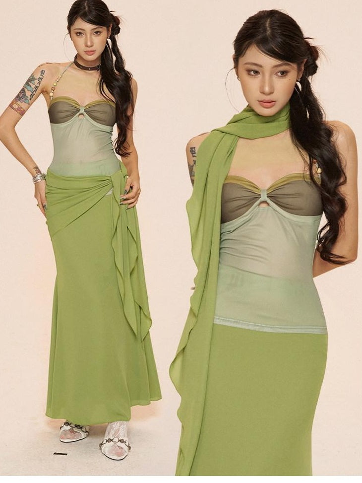 ZERO Sweet Tie Halter Slim Padded Cropped Green Polyester Camisoles