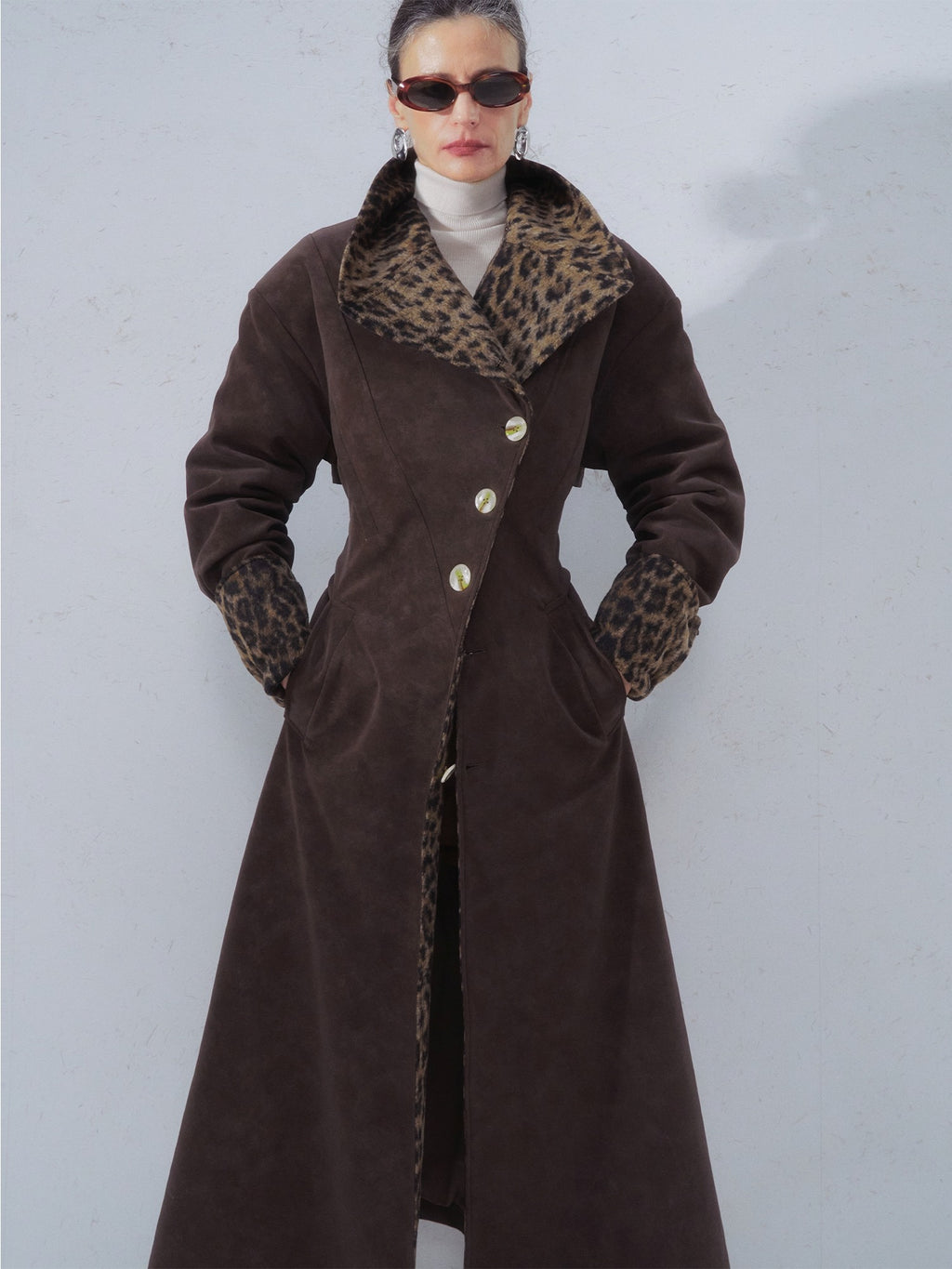 OfAkiva Faux Leather Windproof Vintage Straight Stand Collar Leopard Women Long Coats