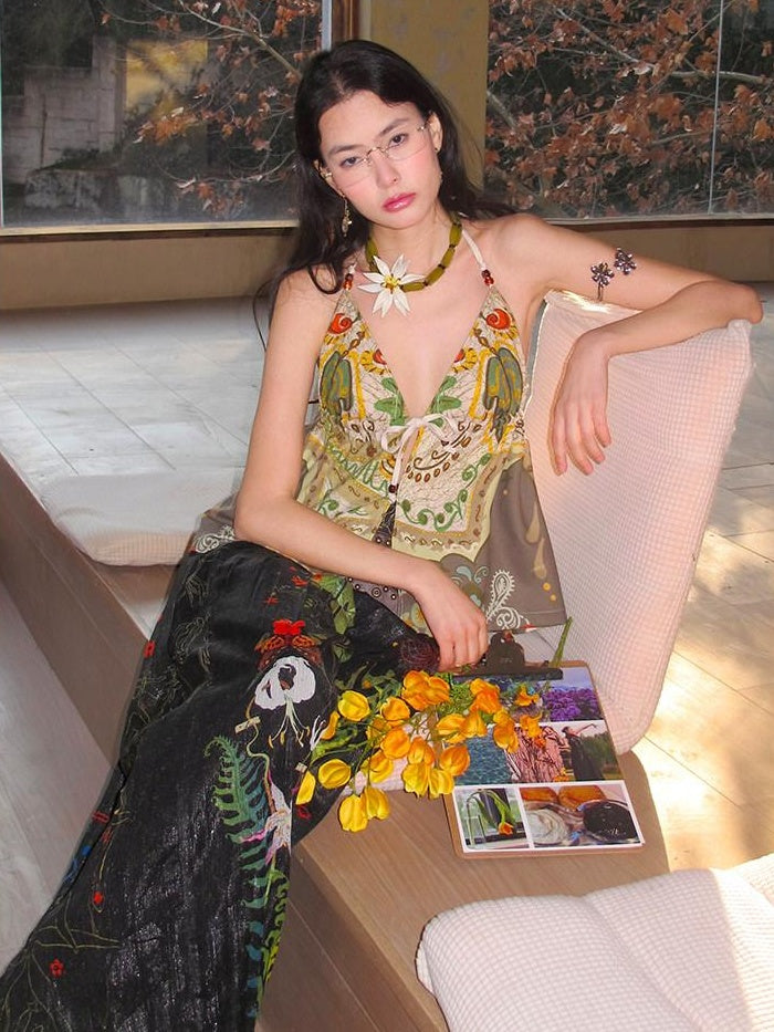 OfAkiva Dark Gothic Floral Embroidered Lantern Natural Waist Casual Women Wide Leg Pants