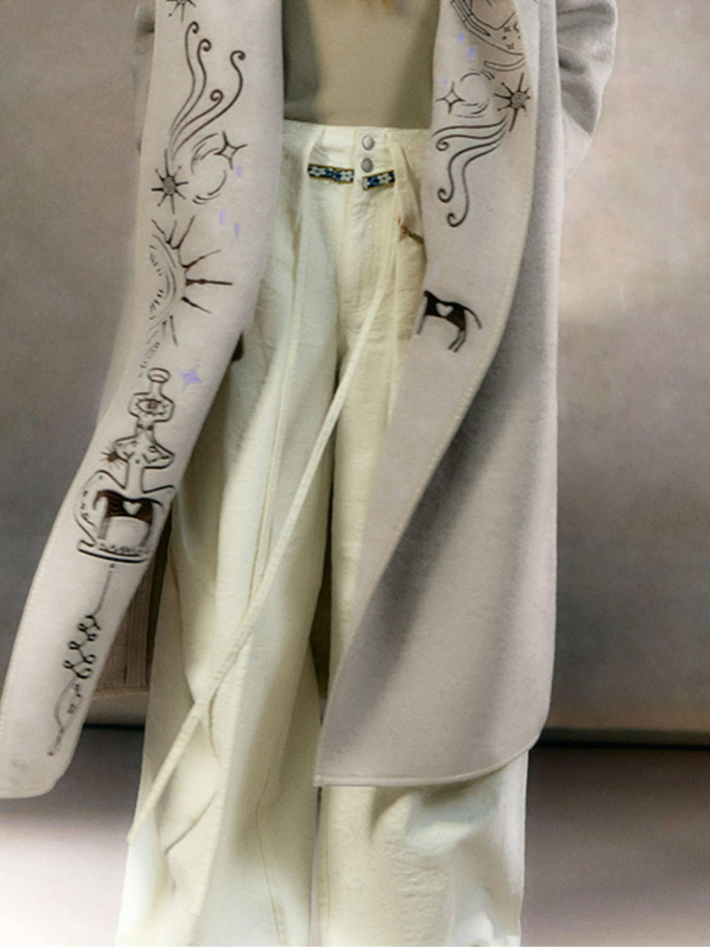 OfAkiva Thick Embroidered Hooded Relaxed Mystic Wool Midlength Brown Long Coats