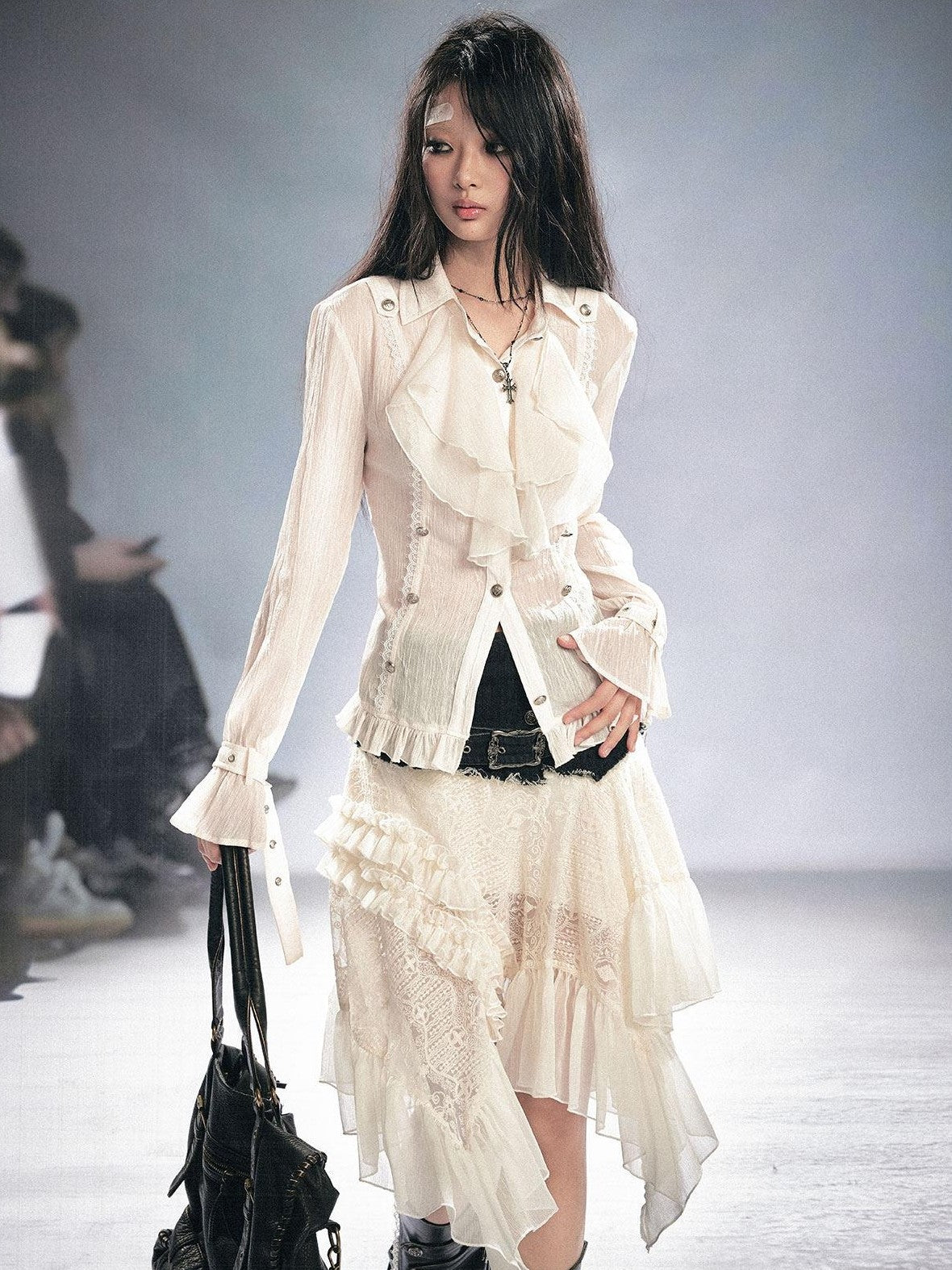 Cest Nous Gothic Ruffle Slim Fit Modal Long Sleeve Women Black Beige Blouses