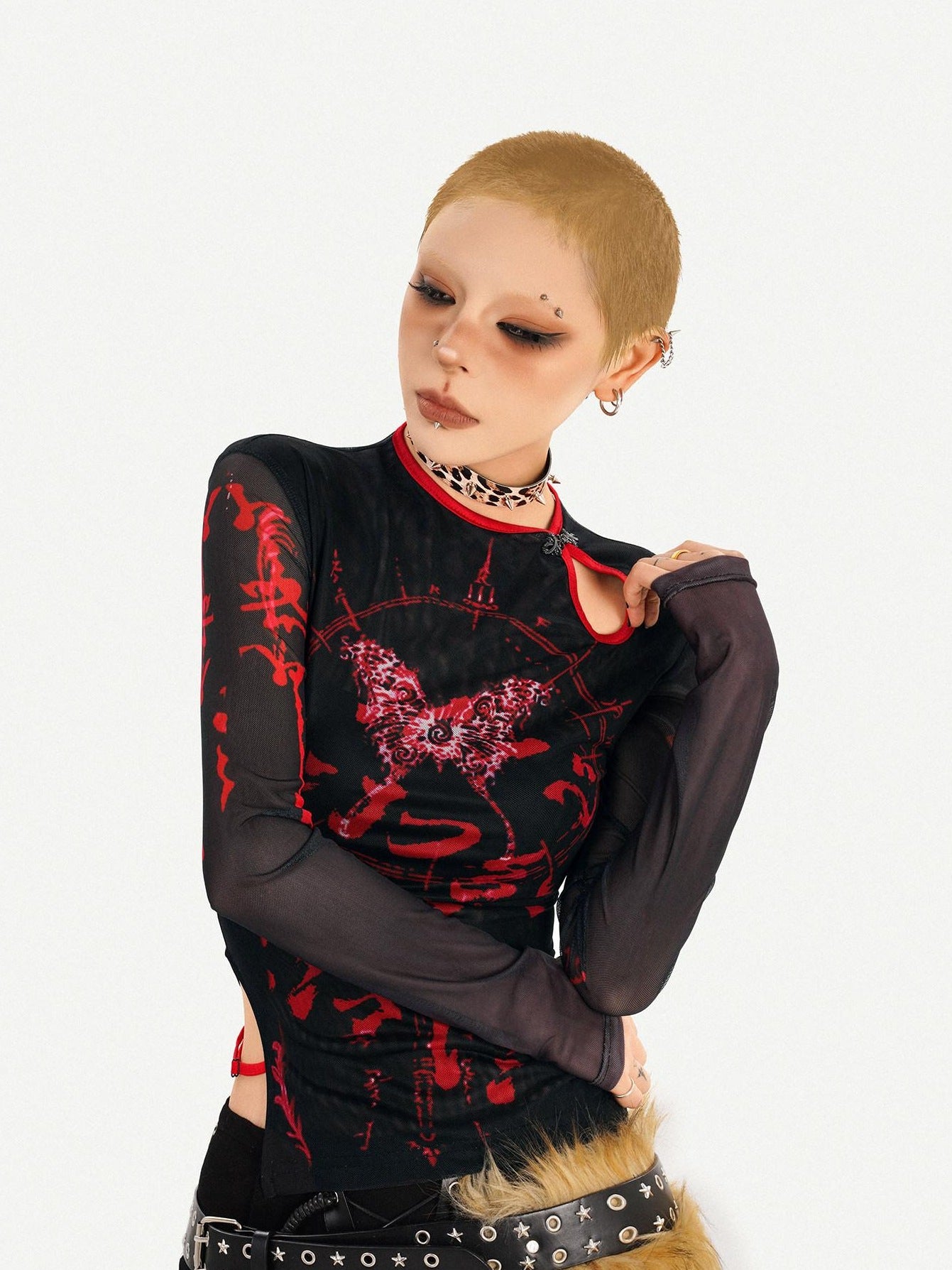 Nico Molly Dark Gothic Mesh Butterfly Print Asymmetric Slim Fit Women Long Sleeve T-Shirts