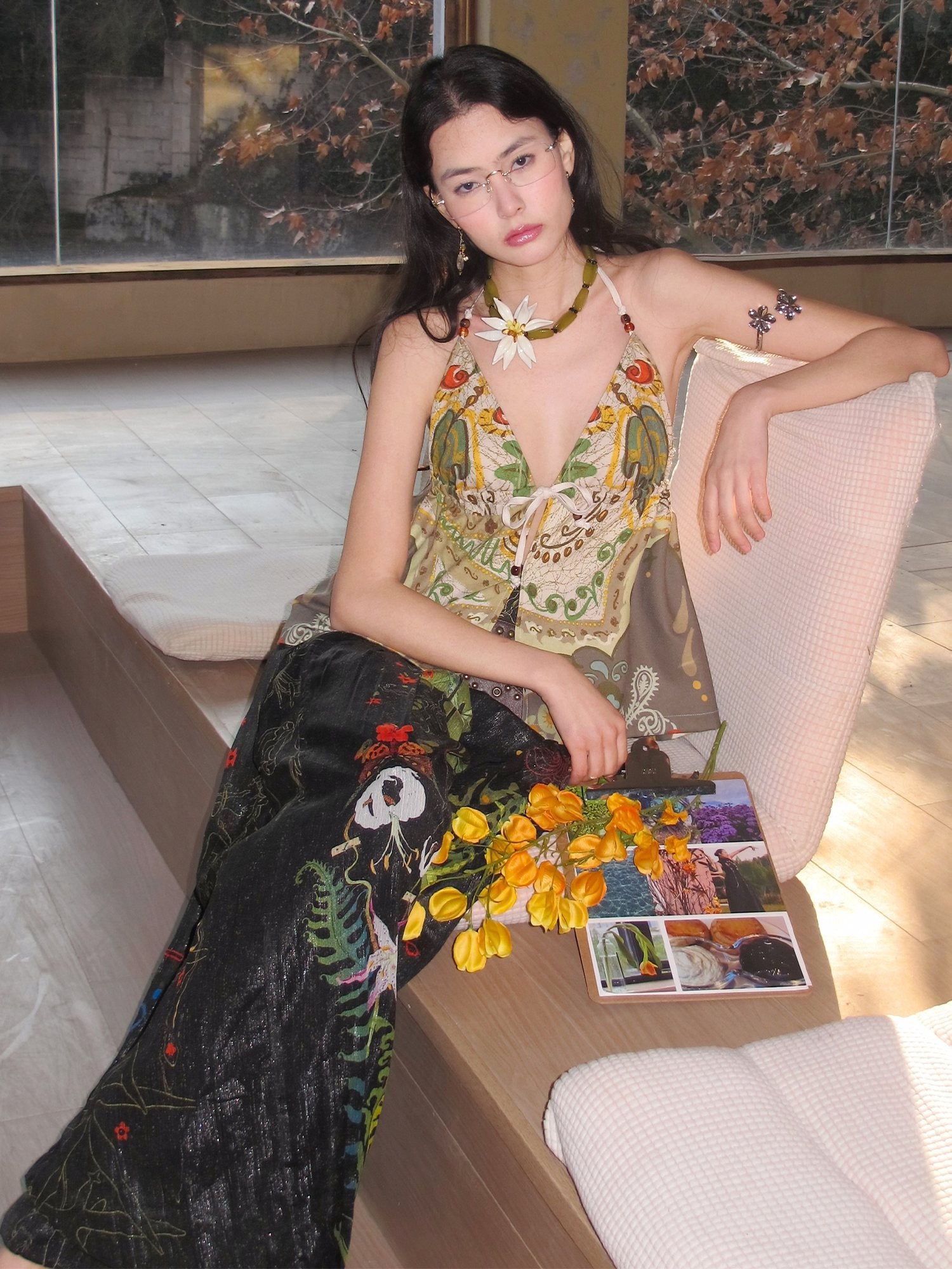 OfAkiva Dark Gothic Floral Embroidered Lantern Natural Waist Casual Women Wide Leg Pants