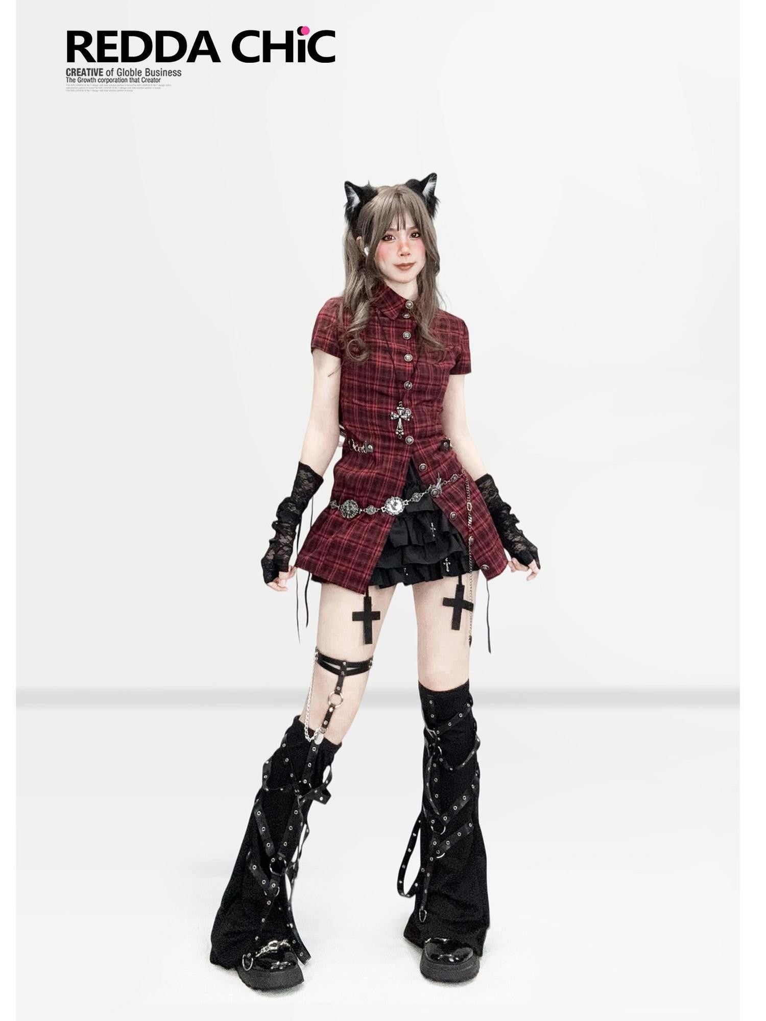 REDDACHIC Dark Punk Cross Tiered Cake Pleated Women'S Polyester Skorts