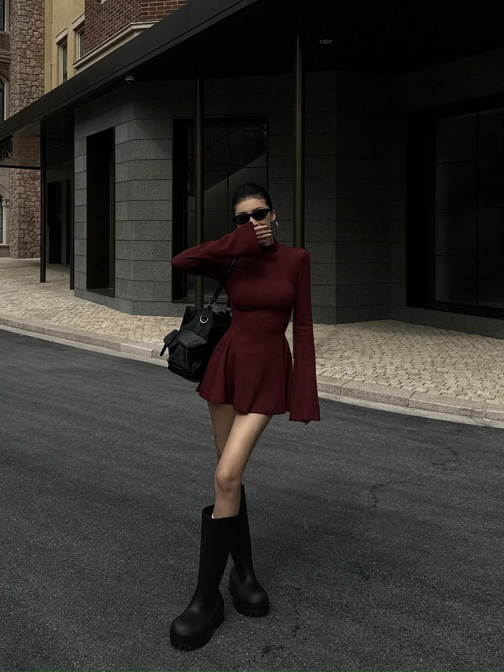 ZERO Soft Stretch Korean Knit High Neck Long Sleeve Asymmetric Hem Slim Mini Dresses