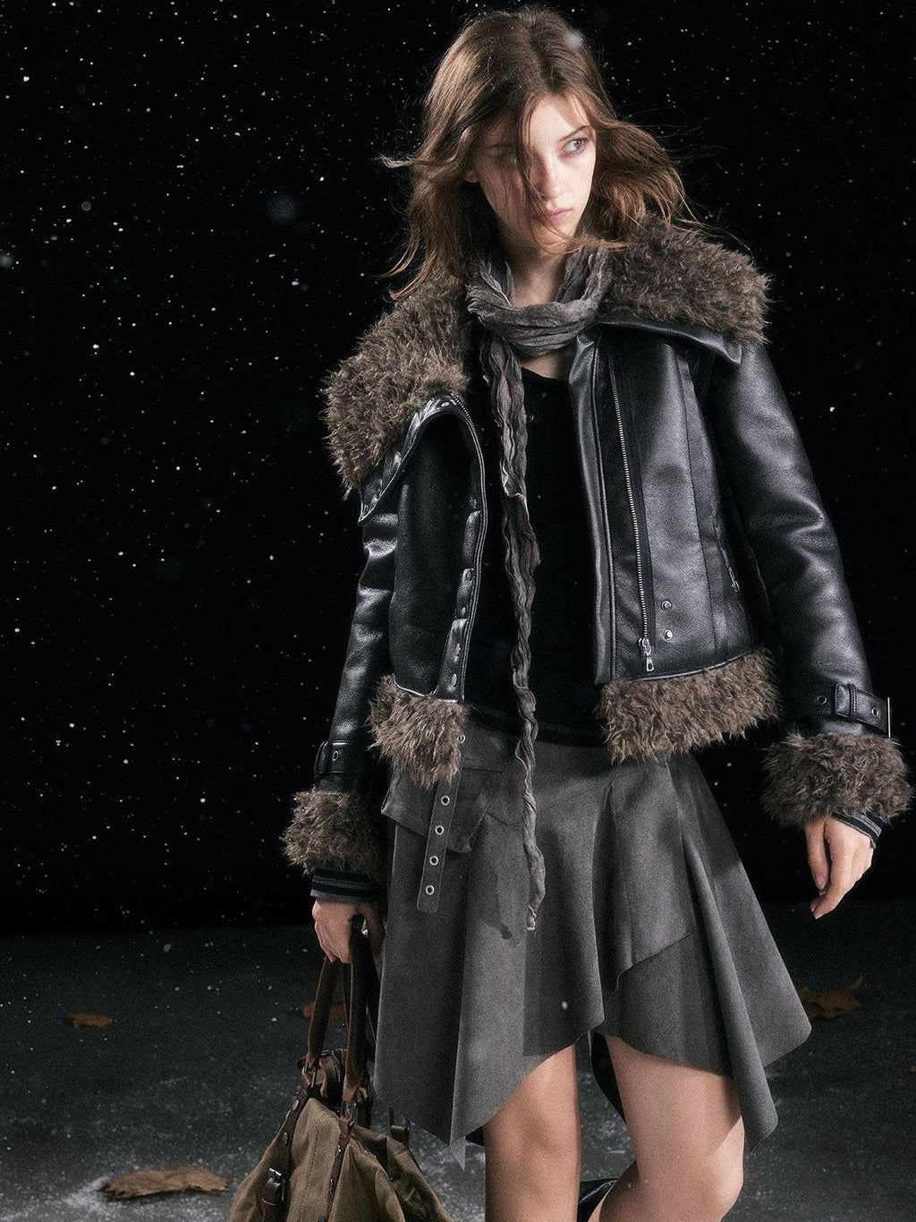 Cest Nous Slimming Thick Punk Straight Cut Faux Shearling Lapel Zip Women Croppedjackets