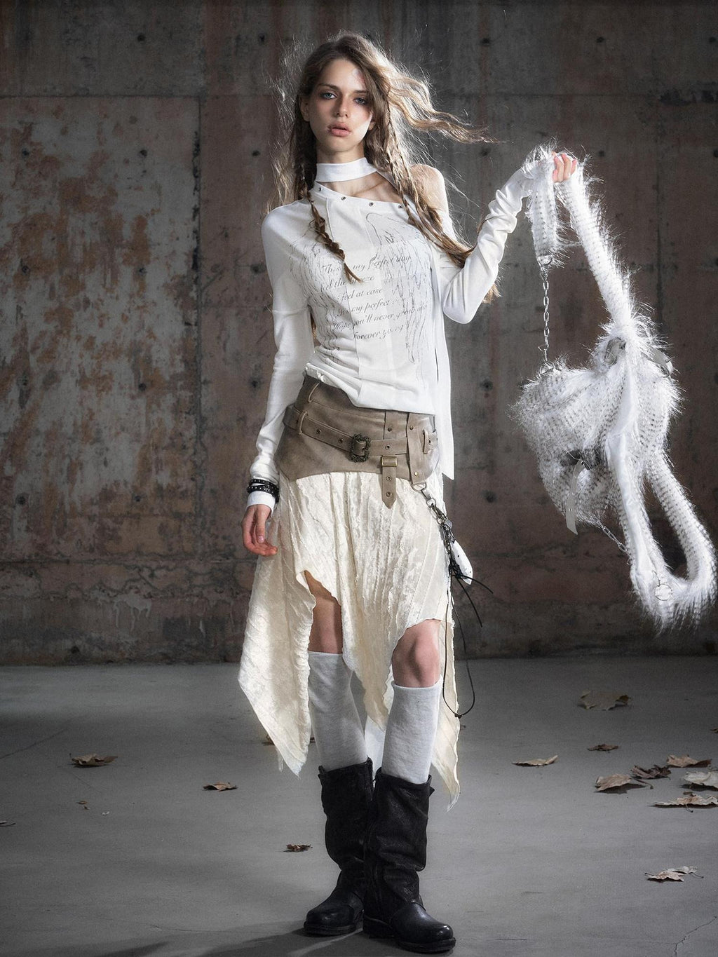 Cest Nous Punk Polka Dot Long Sleeve Asymmetric Women Poly Blend Offshouldercroptops