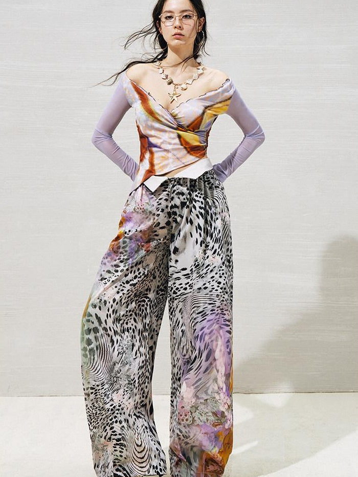 OfAkiva High Waist Leopard Print Cuffed Minimal Women Light Stretch Wide Leg Pants