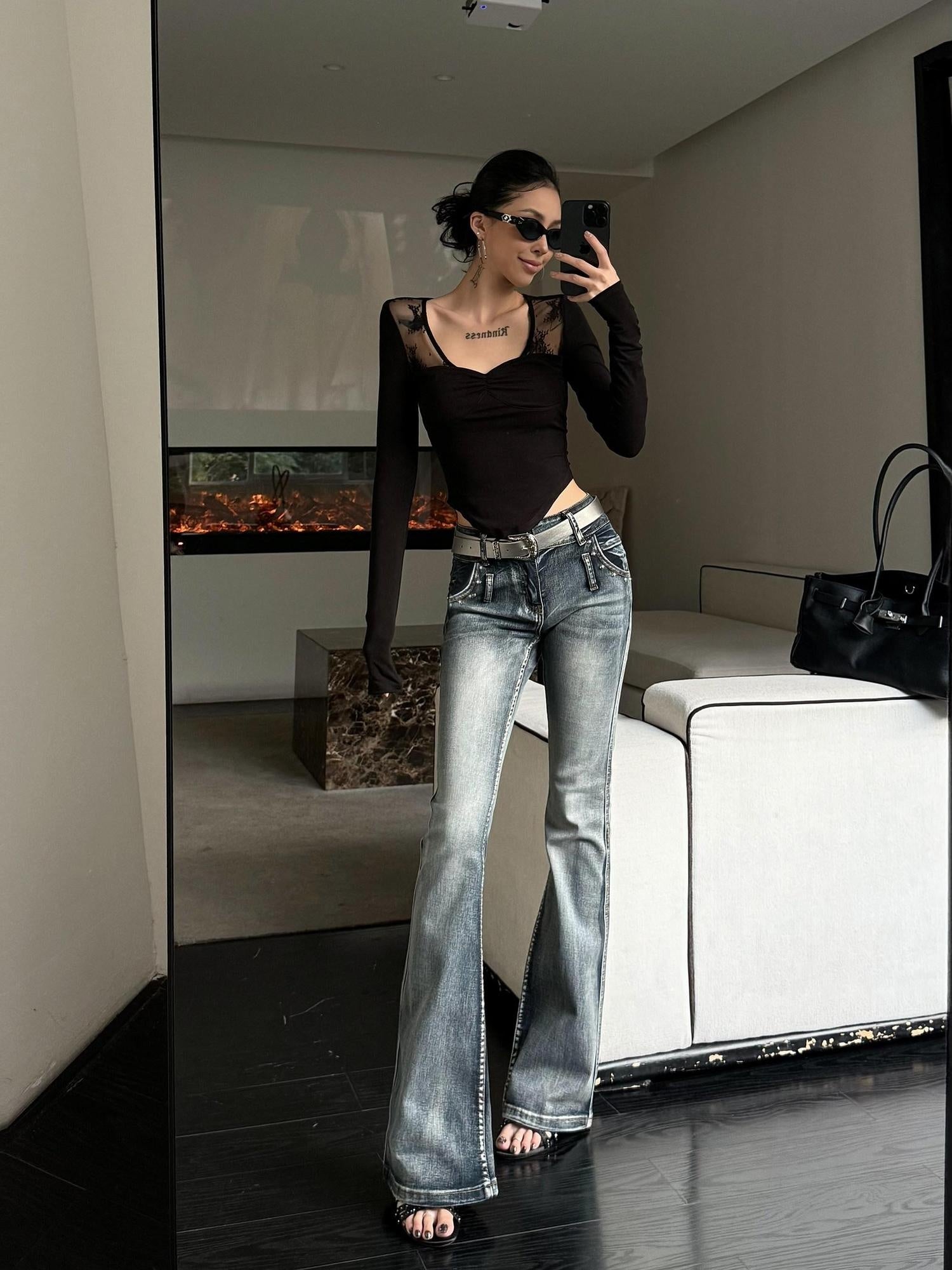 ZERO High Stretch Washed Natural Waist Embroidered Women Vintage Blue Flared Jeans