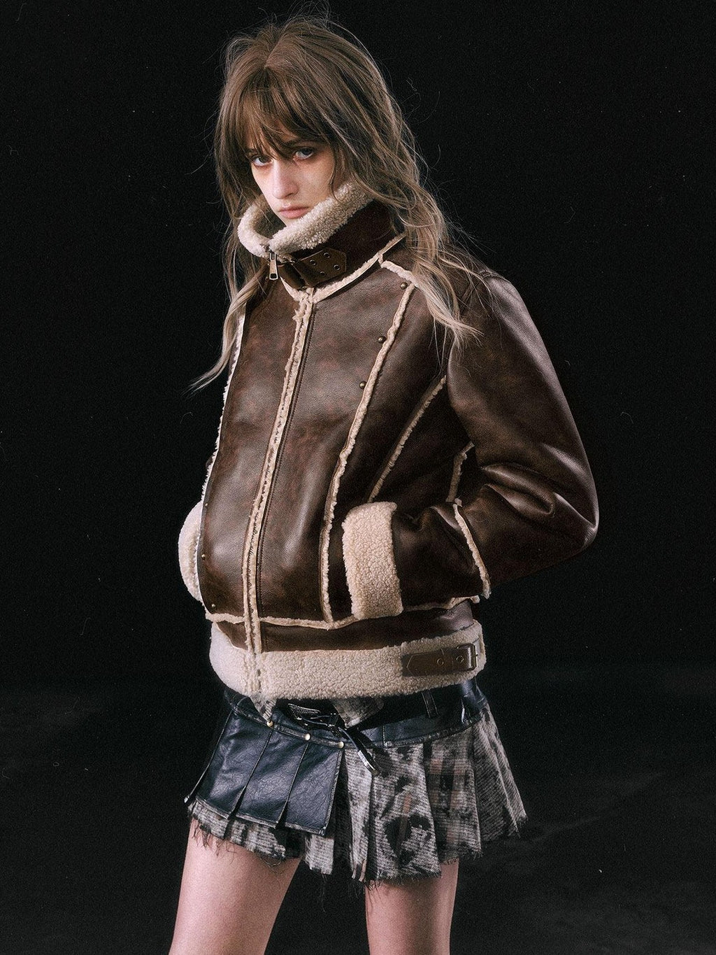 Cest Nous Thick Fleece Lined Street Straight Fit Patch Zipfront Brown Pu Leatherjackets