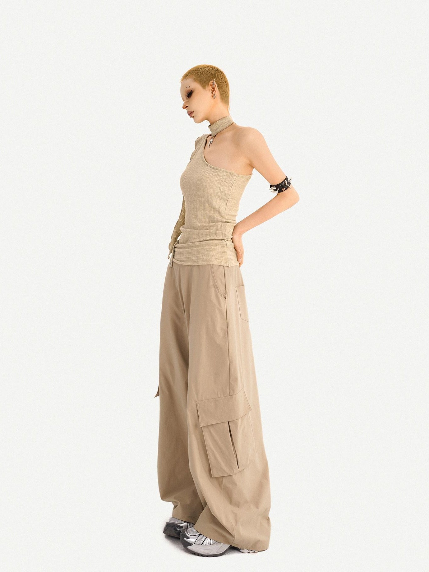 Nico Molly High Waist Khaki Loose Straight Leg Pockets Button Fly Casual Women Cargo Pants