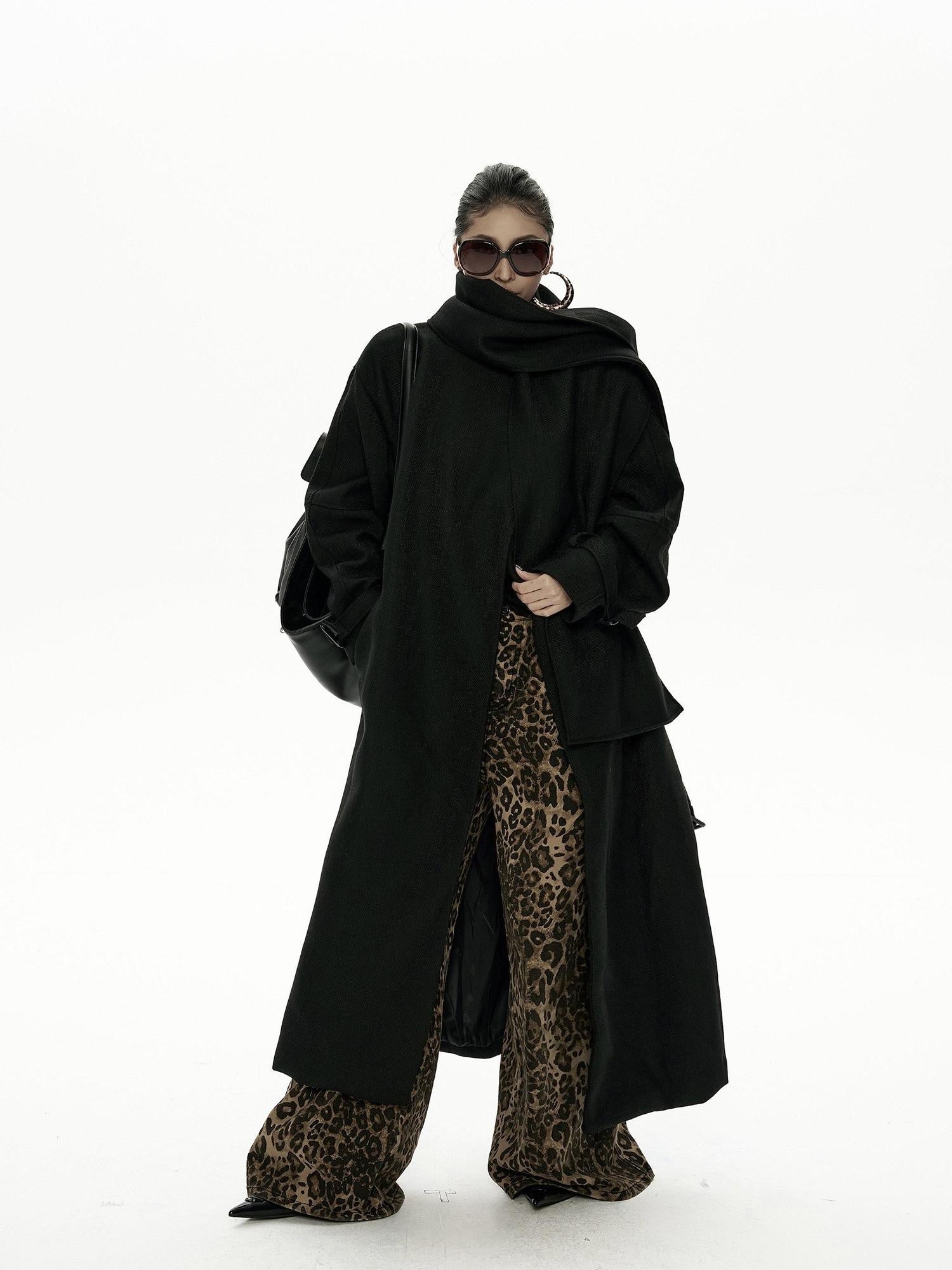 ZERO Thick Linen Belted Stand Collar Commuter For Young Women Black Long Coats