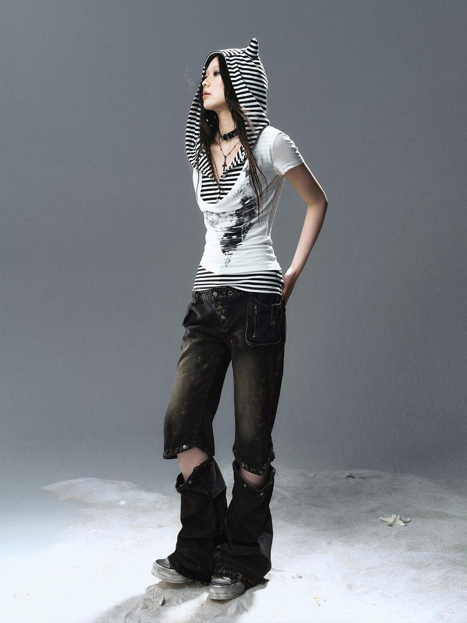 Cest Nous Lightweight Lyocell Slim Fit Short Sleeve Striped Letter Women White Hoodie