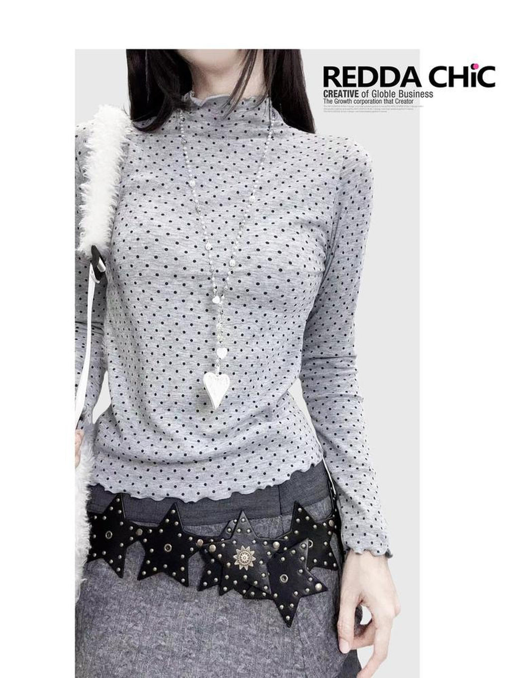 REDDACHIC Gray Polka Dot Knit Half Turtleneck Slim Women'S Long Sleeve T-Shirts