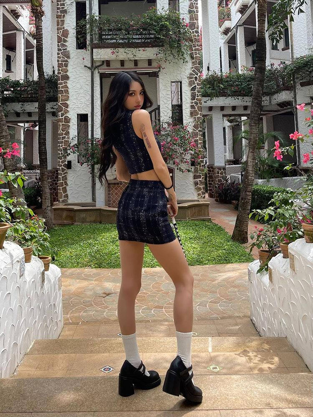ZERO Blue Cropped Plaid Casual Two Piece Young Women Short Fit Top & Skirt Sets